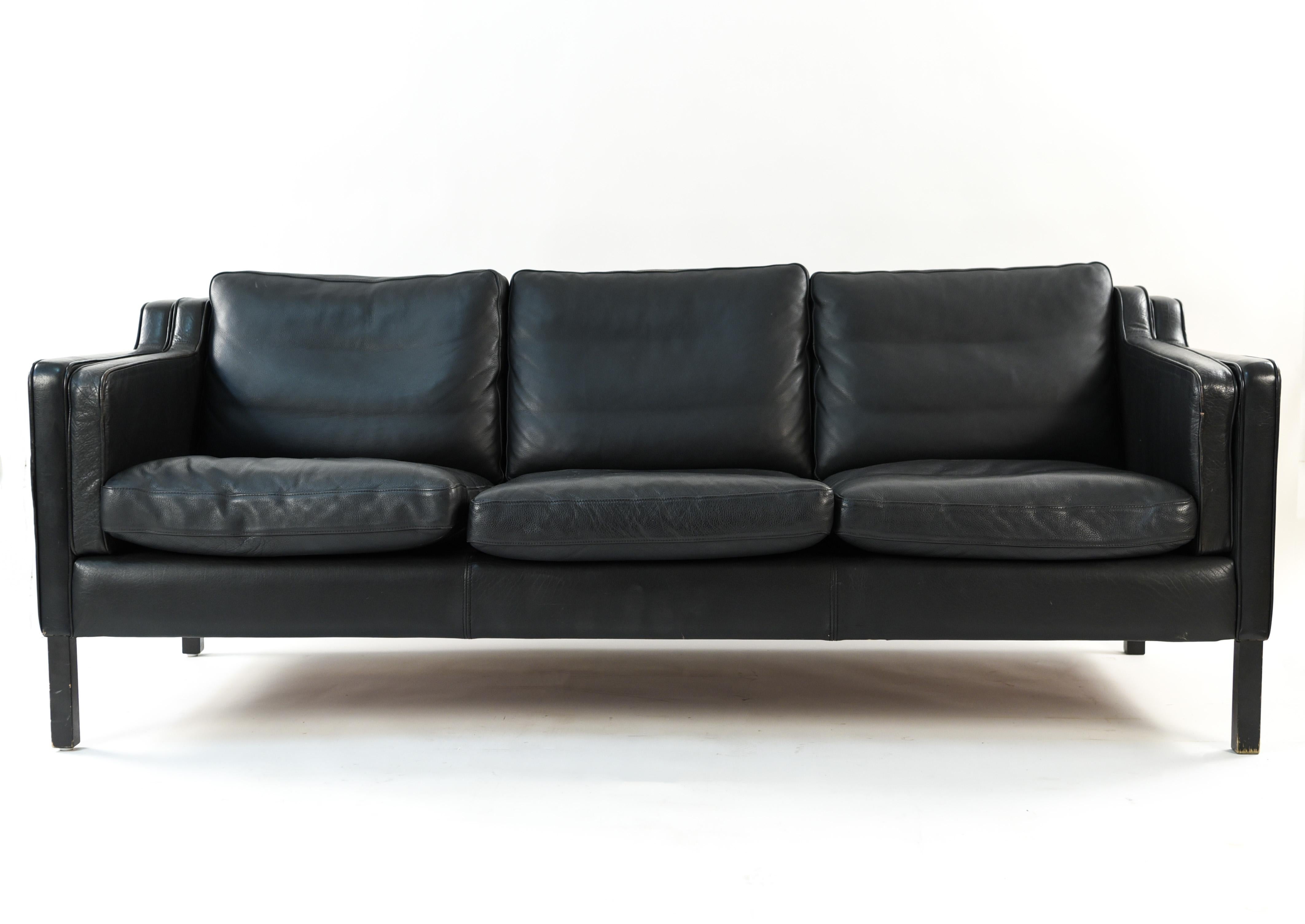 Mid-Century Modern Danish Midcentury Borge Mogensen Style Black Leather Three-Seat Sofa