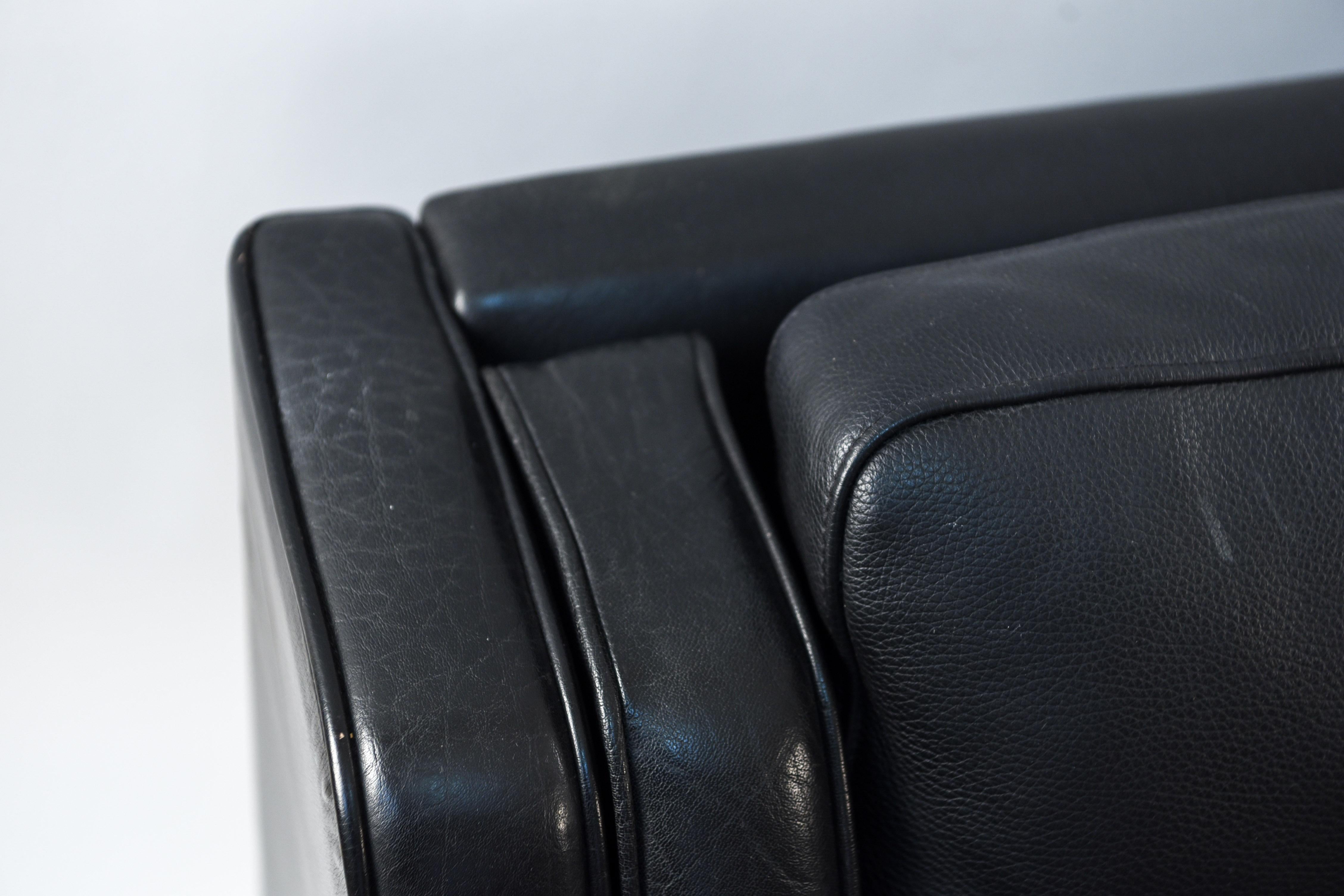 Danish Midcentury Borge Mogensen Style Black Leather Three-Seat Sofa 1