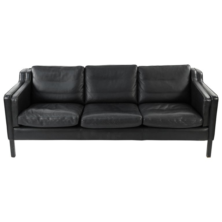 Danish Midcentury Borge Mogensen Style Black Leather Three Seat Sofa