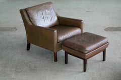 Danish Midcentury Borge Mogensen Style Easy Chair with Ottoman in Olive Leather