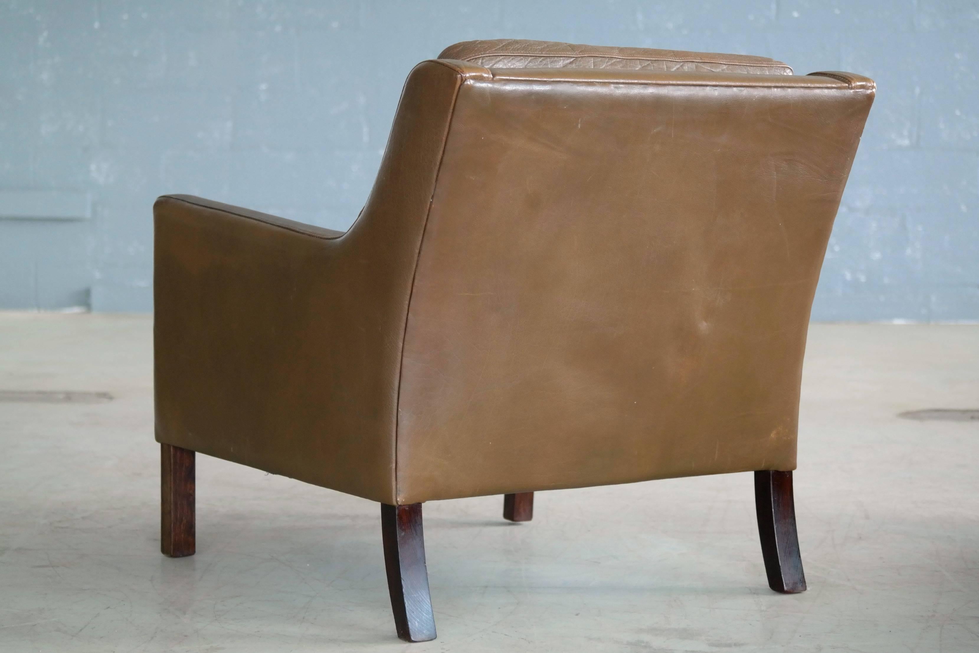Mid-20th Century Danish Midcentury Borge Mogensen Style Easy Chair with Ottoman in Olive Leather
