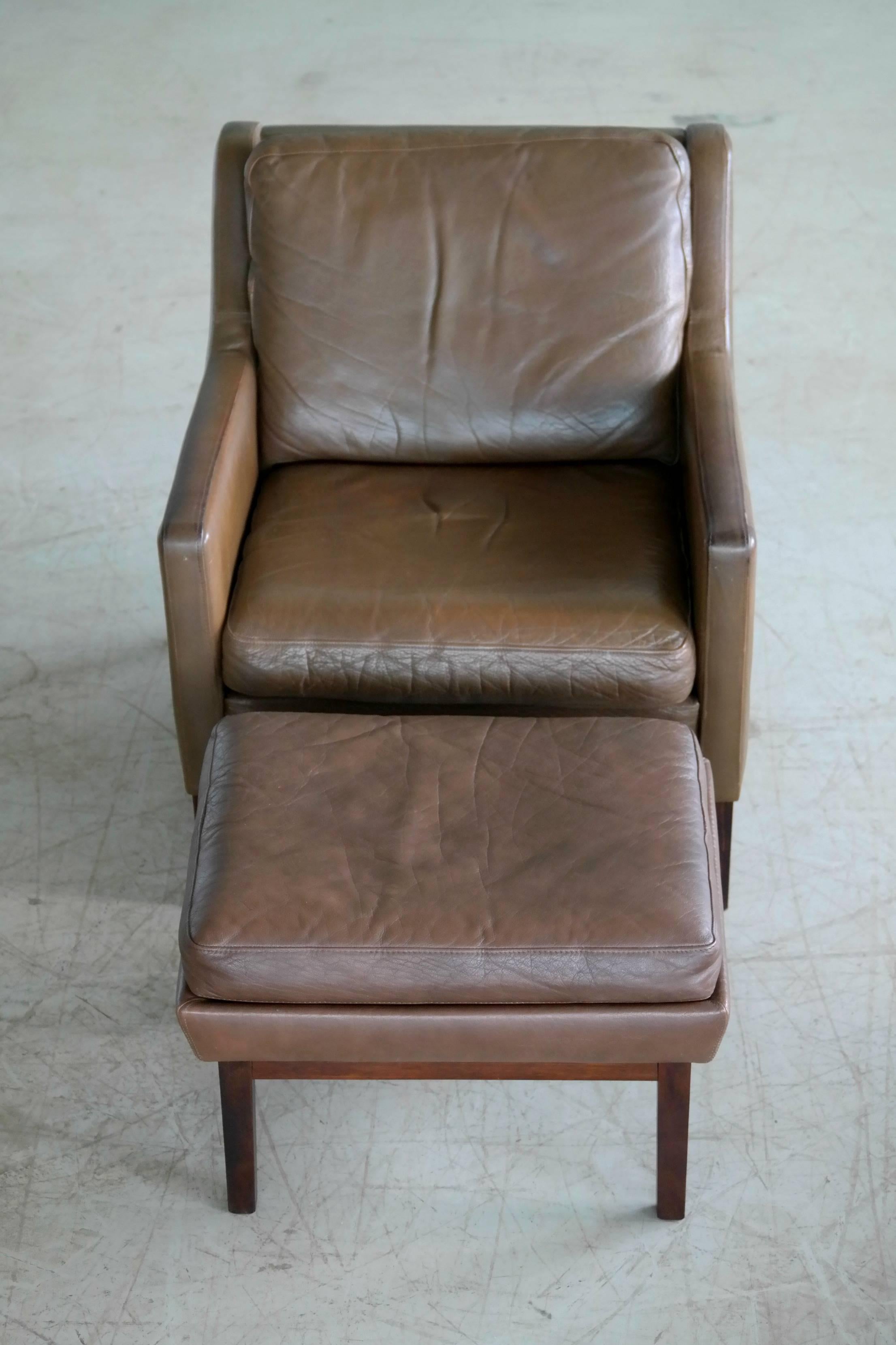 Danish Midcentury Borge Mogensen Style Easy Chair with Ottoman in Olive Leather 2