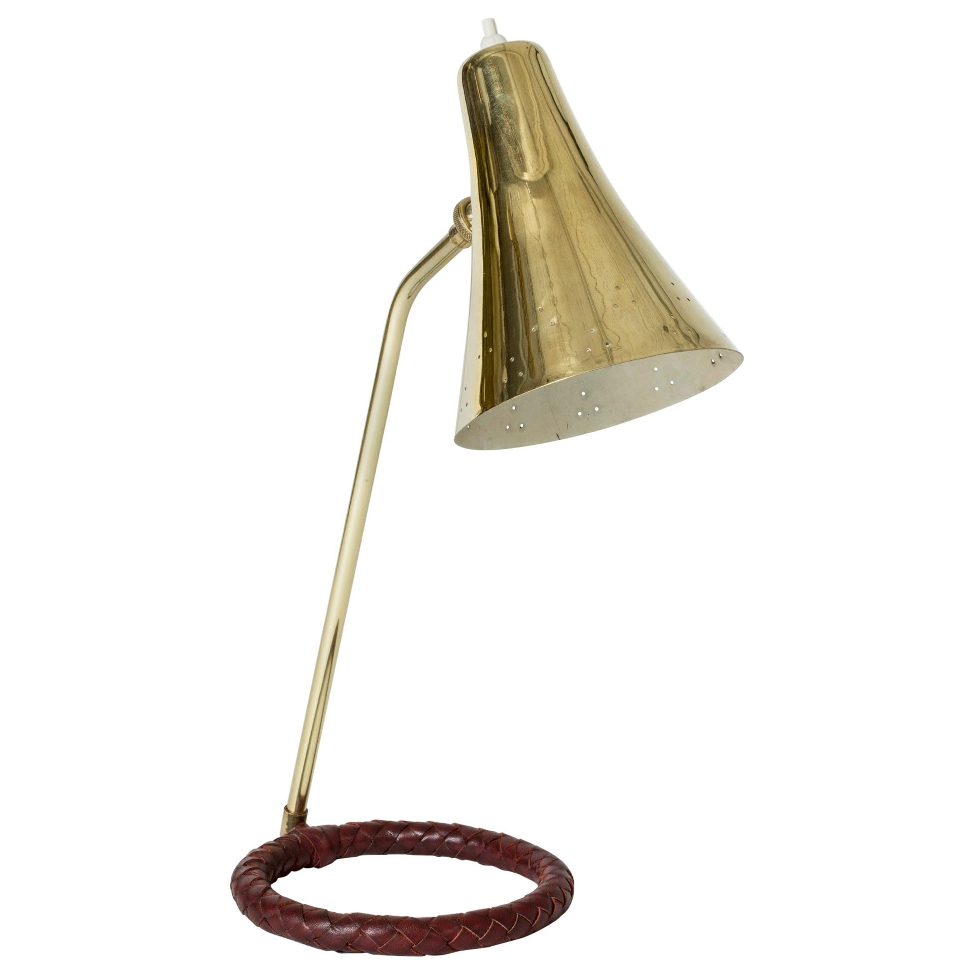 Danish Midcentury Brass and Leather Table Lamp