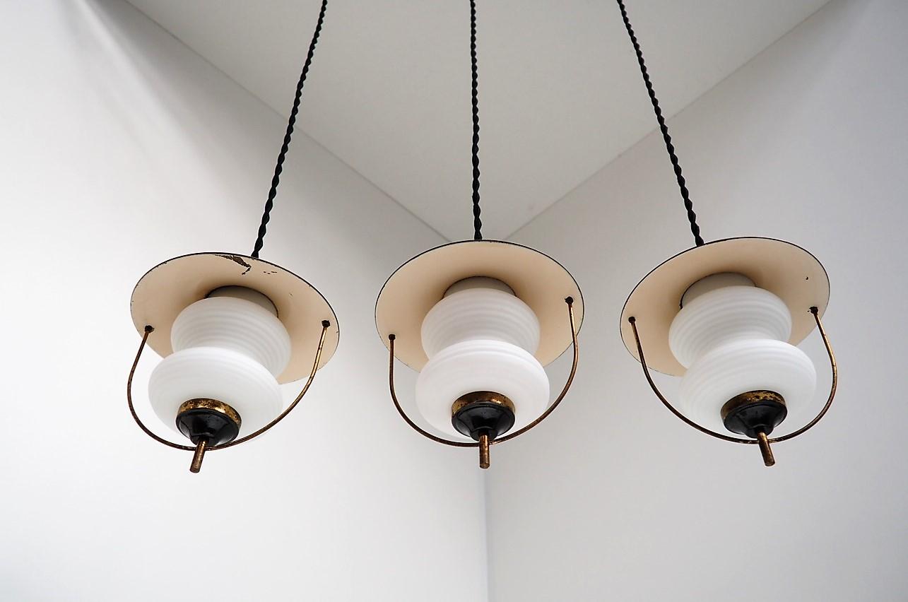 Painted Danish Midcentury Brass Pendants with Opal Glass Shades from Lyfa, 1940s