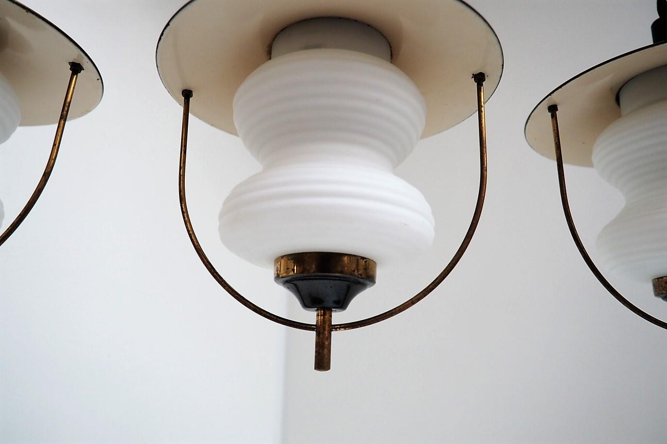 20th Century Danish Midcentury Brass Pendants with Opal Glass Shades from Lyfa, 1940s