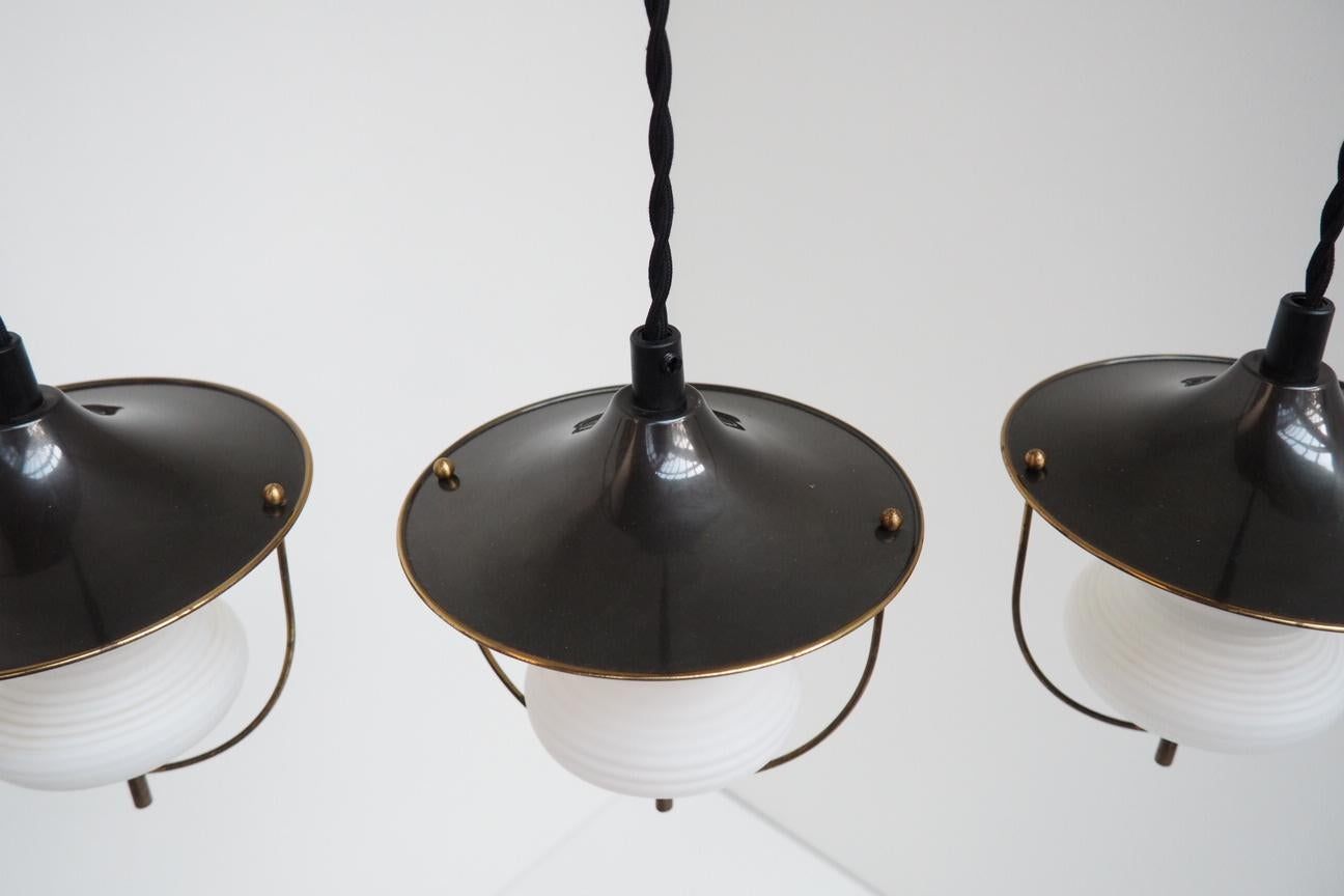 Metal Danish Midcentury Brass Pendants with Opal Glass Shades from Lyfa, 1940s