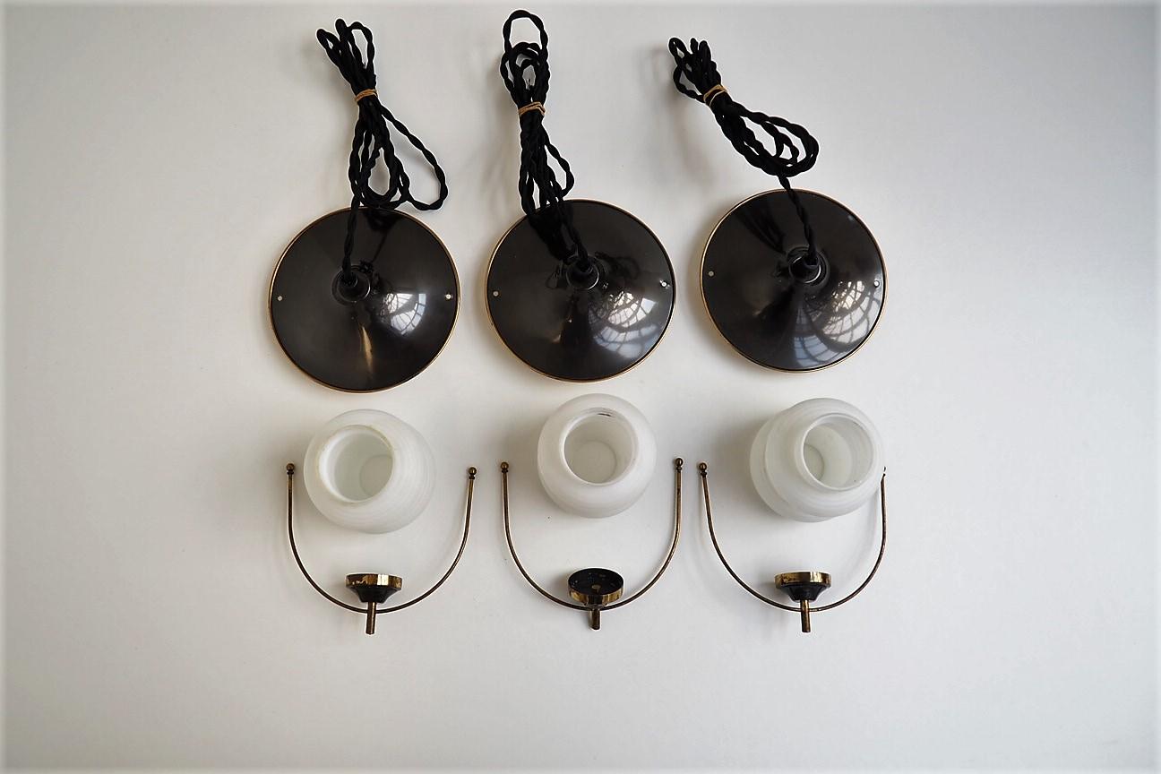 Danish Midcentury Brass Pendants with Opal Glass Shades from Lyfa, 1940s 2
