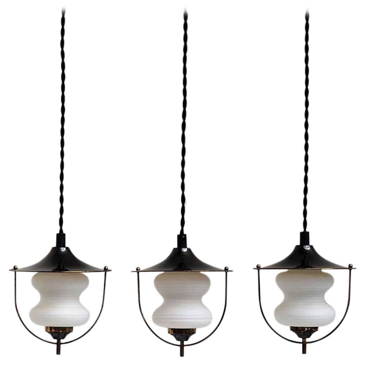 Danish Midcentury Brass Pendants with Opal Glass Shades from Lyfa, 1940s