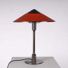 Danish Midcentury Bronze Patinated Thykier Table Lamp Amber Red Paper Shade