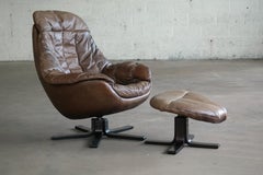 Danish Midcentury Brown Leather Egg Chair with Ottoman by H. W. Klein