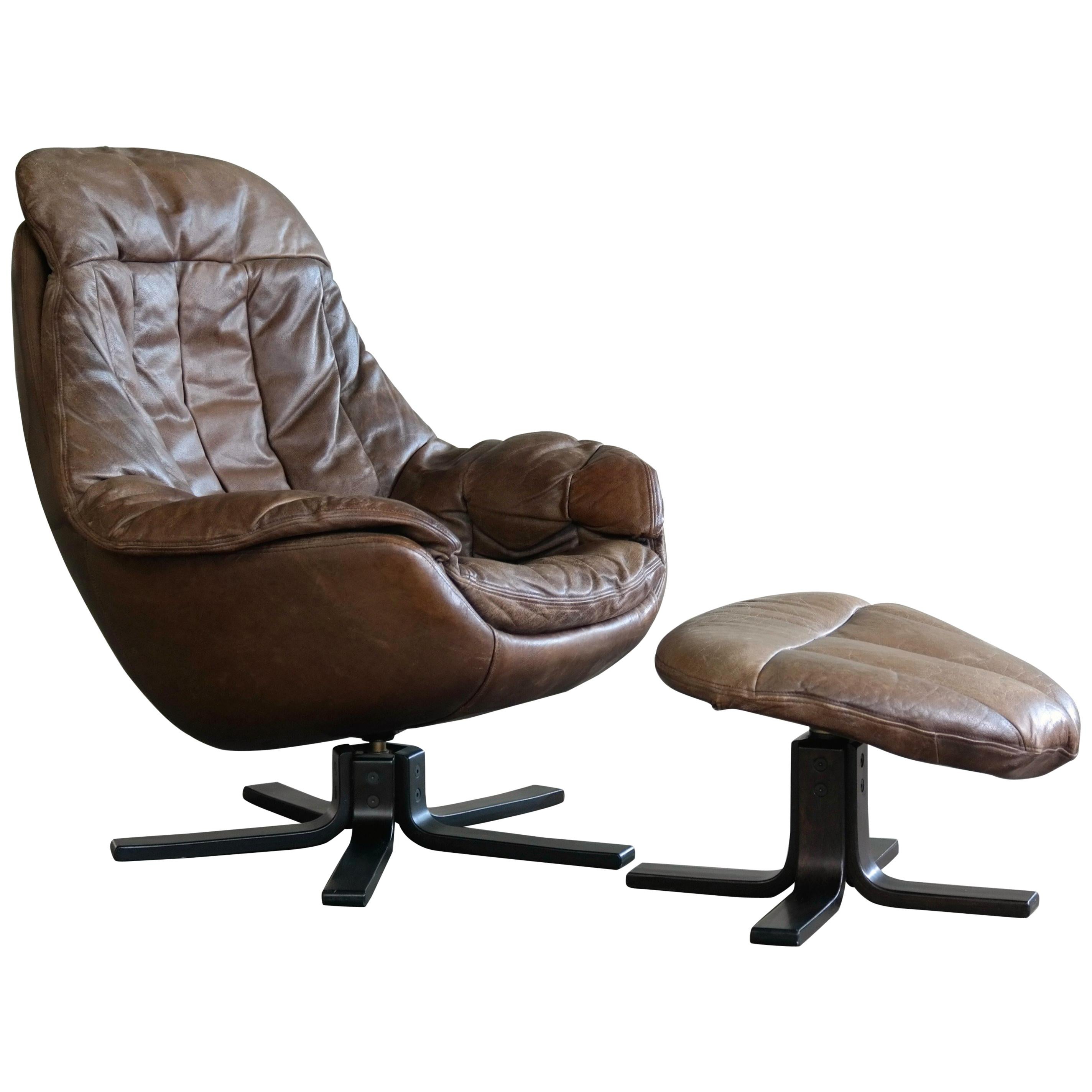 Danish Midcentury Brown Leather Egg Chair with Ottoman by H. W. Klein
