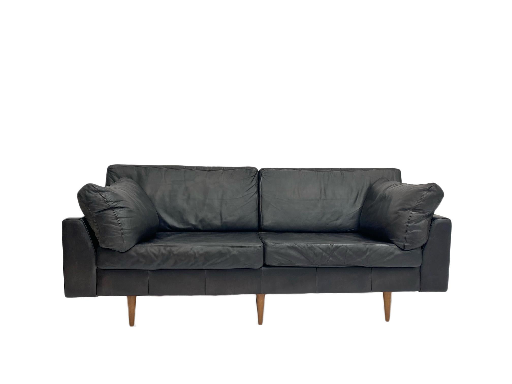 Danish Midcentury Charcoal Black Leather Large Two Seater Sofa, Denmark, 1960s 1