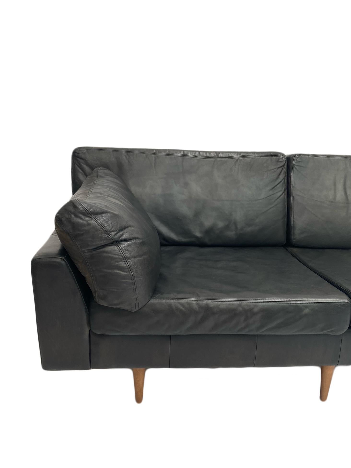 Danish Midcentury Charcoal Black Leather Large Two Seater Sofa, Denmark, 1960s 2