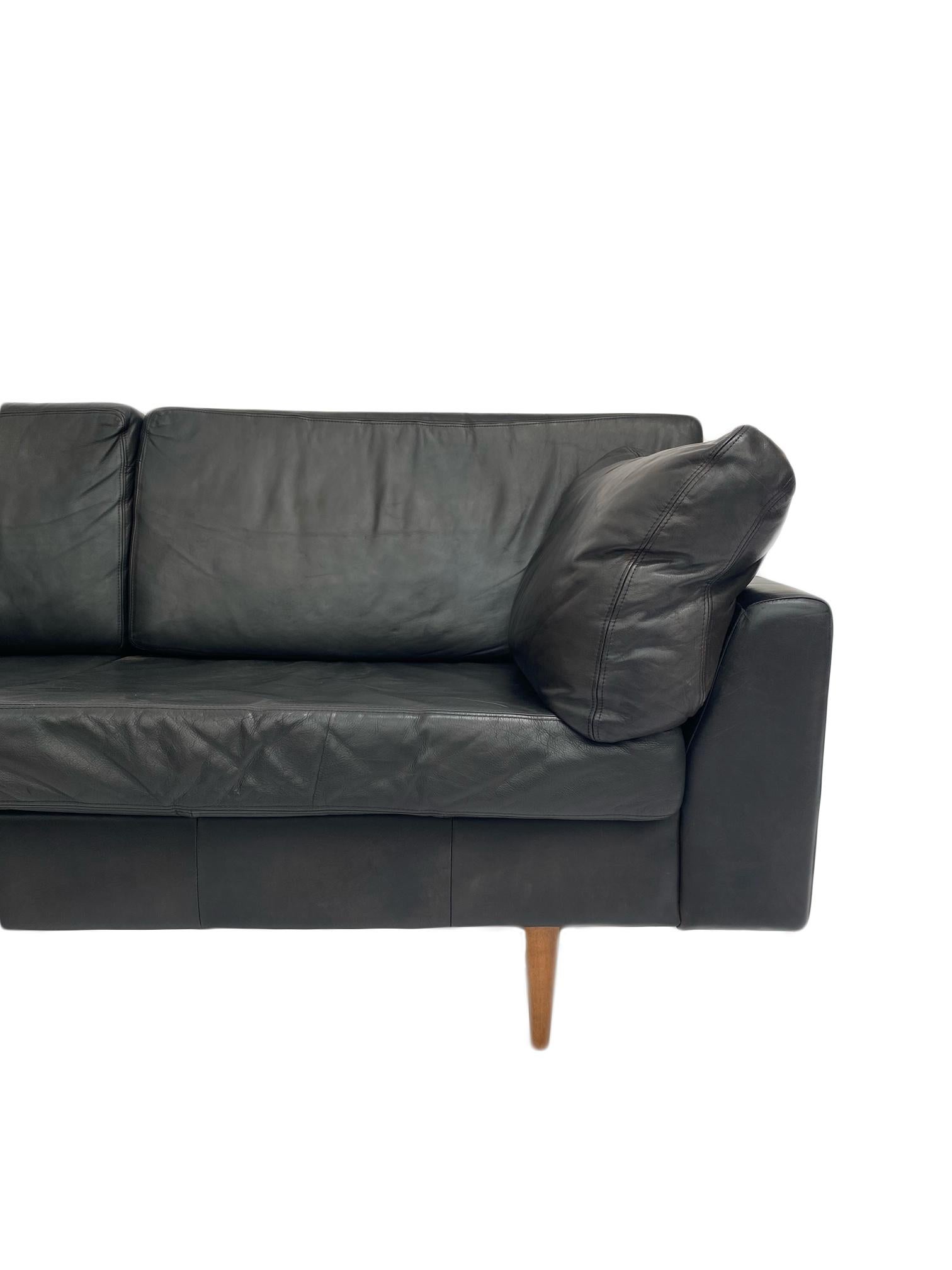 Danish Midcentury Charcoal Black Leather Large Two Seater Sofa, Denmark, 1960s 3