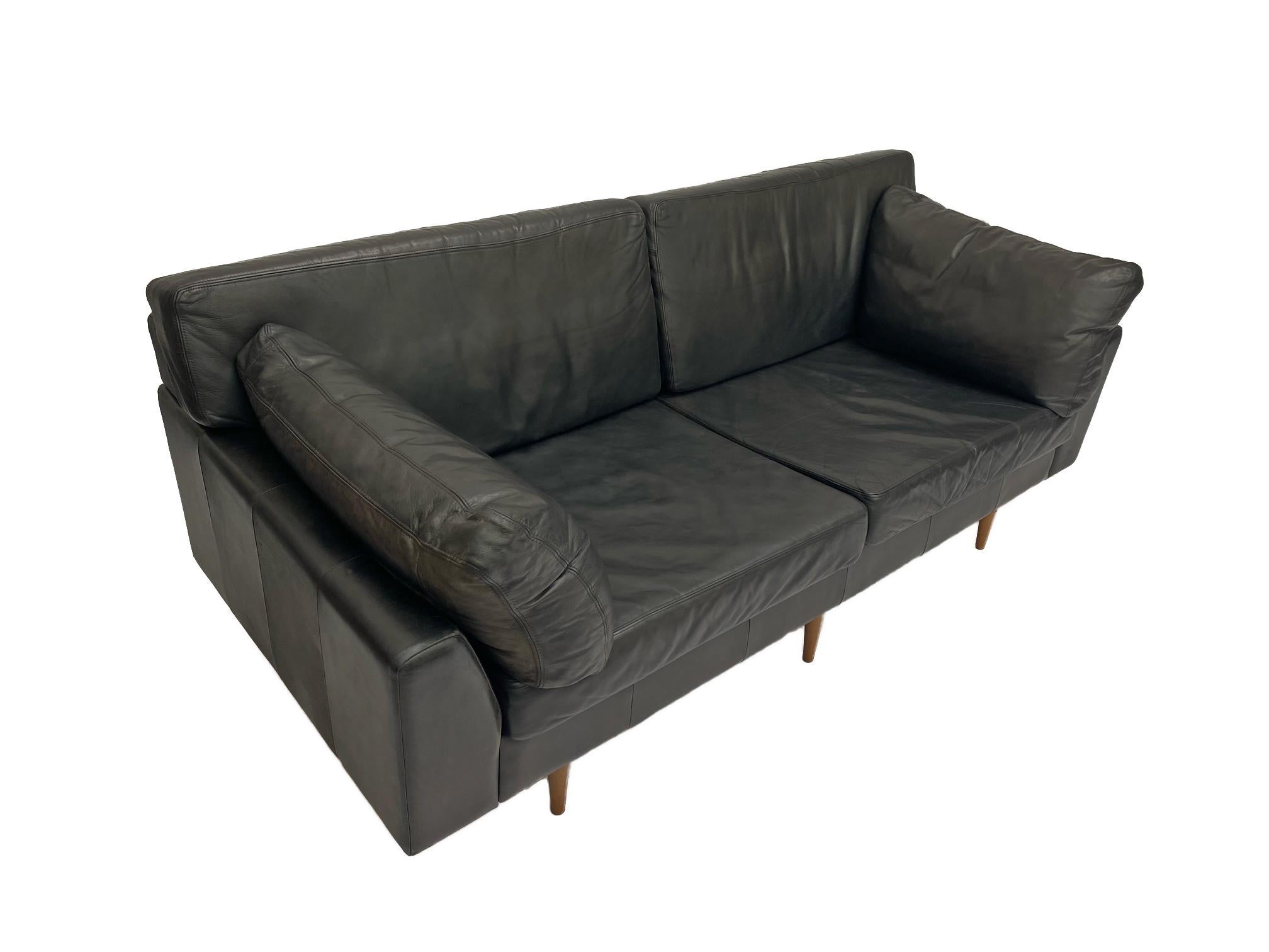 Danish Midcentury Charcoal Black Leather Large Two Seater Sofa, Denmark, 1960s 4