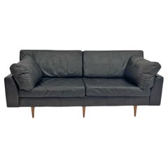 Danish Midcentury Charcoal Black Leather Large Two Seater Sofa, Denmark, 1960s