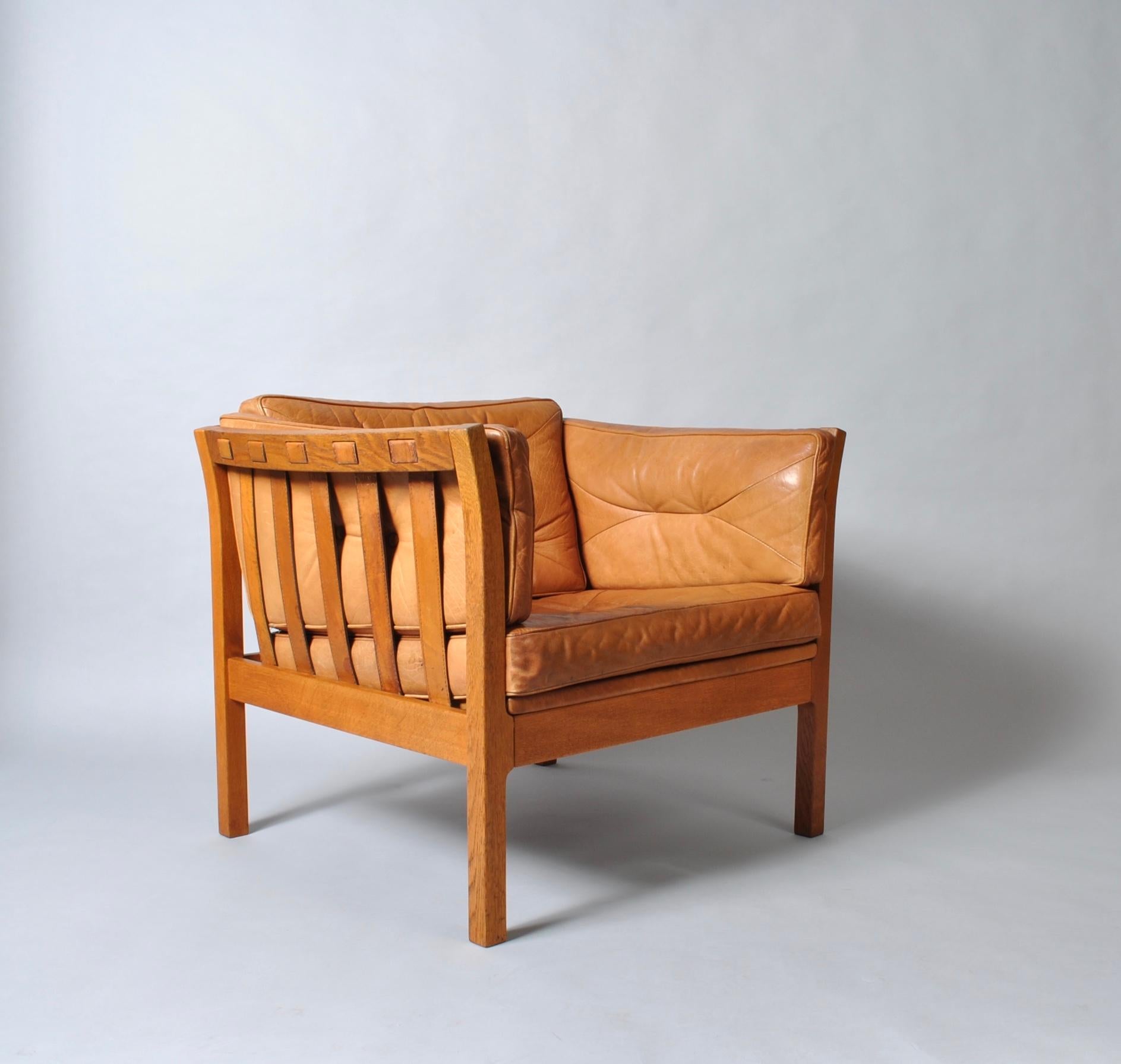 Danish Midcentury Club Lounge Chair, Tan Leather and Oak 5