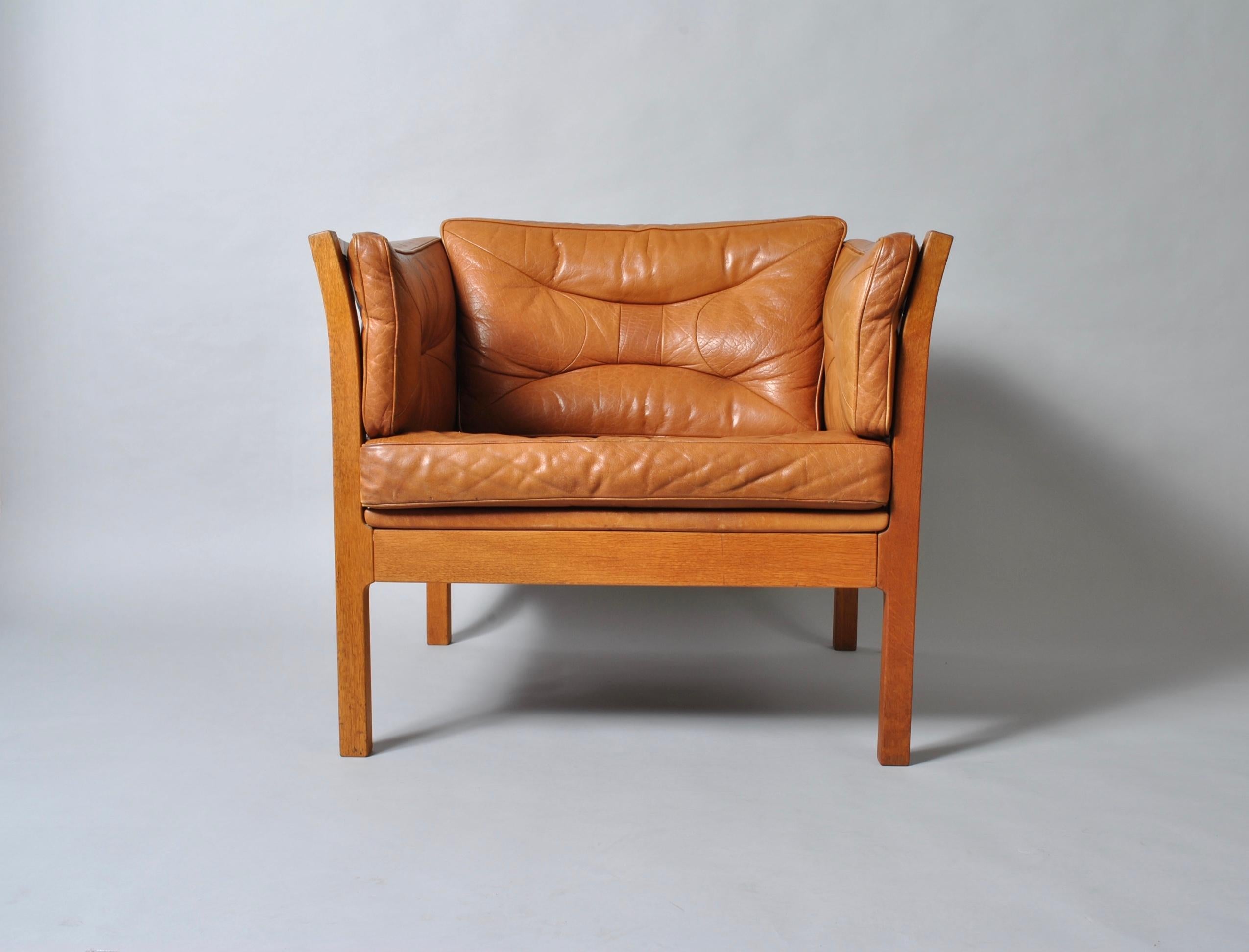 Danish Midcentury Club Lounge Chair, Tan Leather and Oak 7
