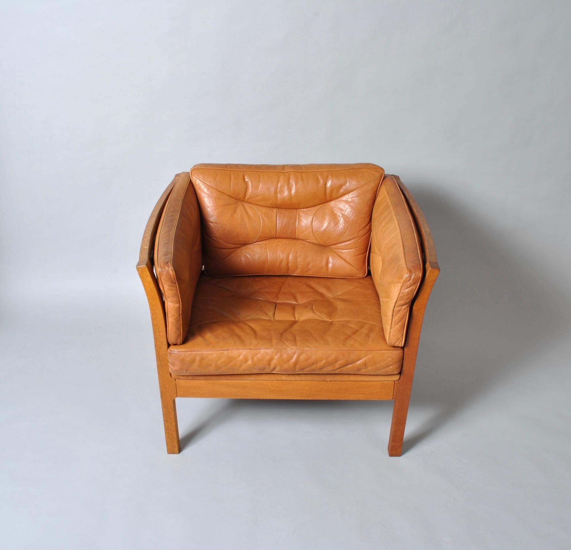 Danish Midcentury Club Lounge Chair, Tan Leather and Oak 9