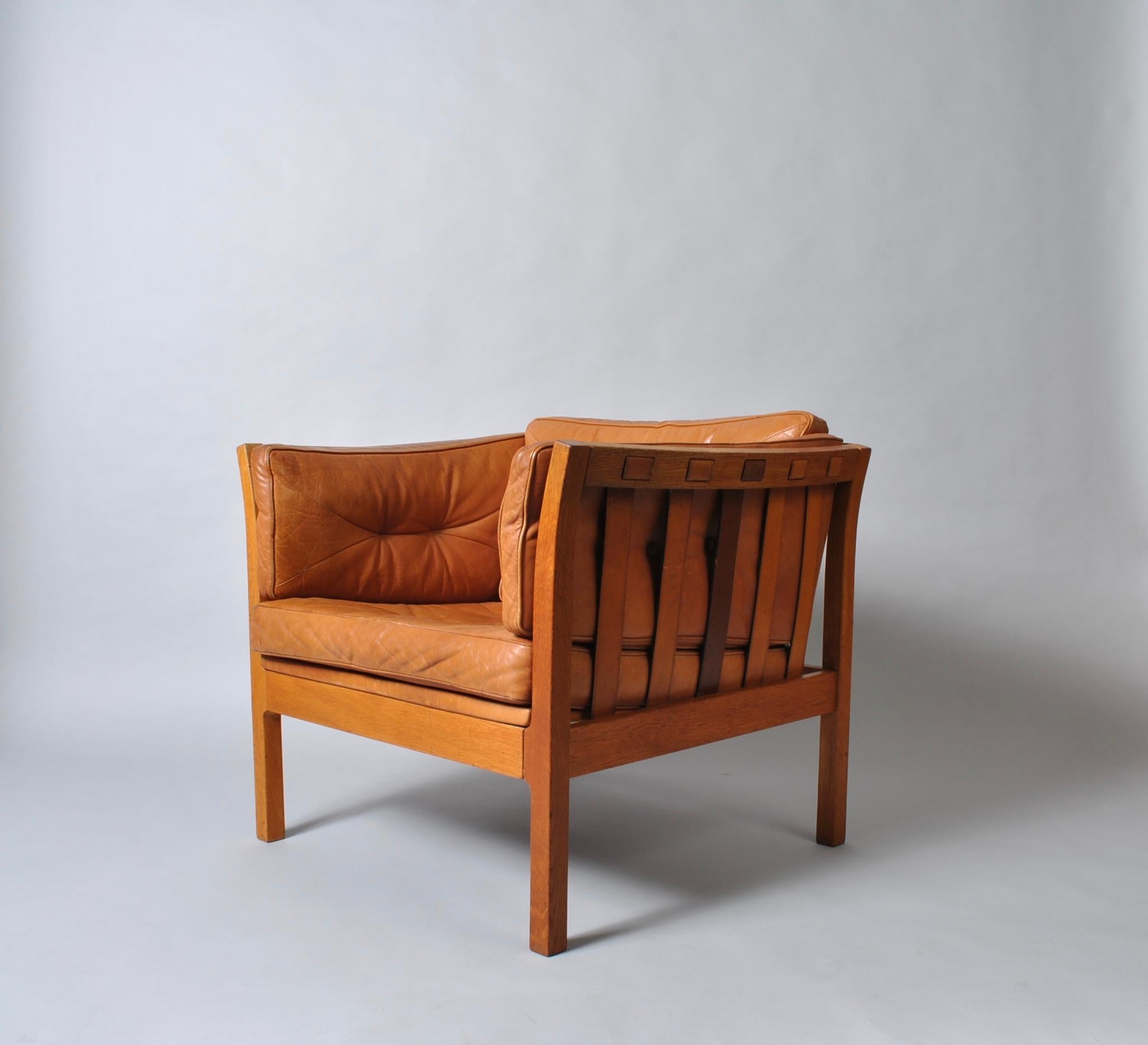 20th Century Danish Midcentury Club Lounge Chair, Tan Leather and Oak