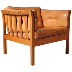 Danish Midcentury Club Lounge Chair, Tan Leather and Oak