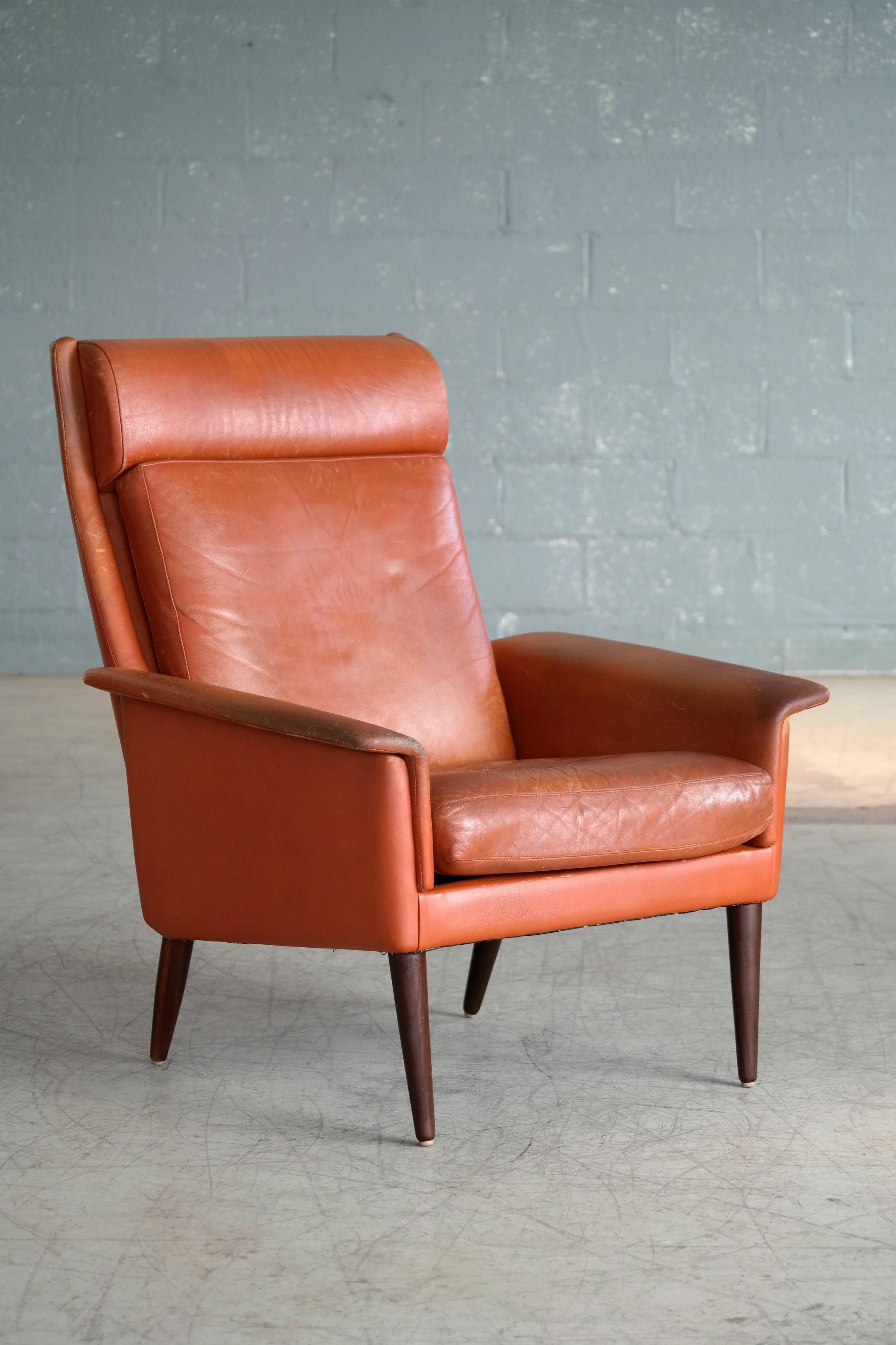 Leather Danish Midcentury Cognac Colored High Back Lounge Chair by Sibast For Sale
