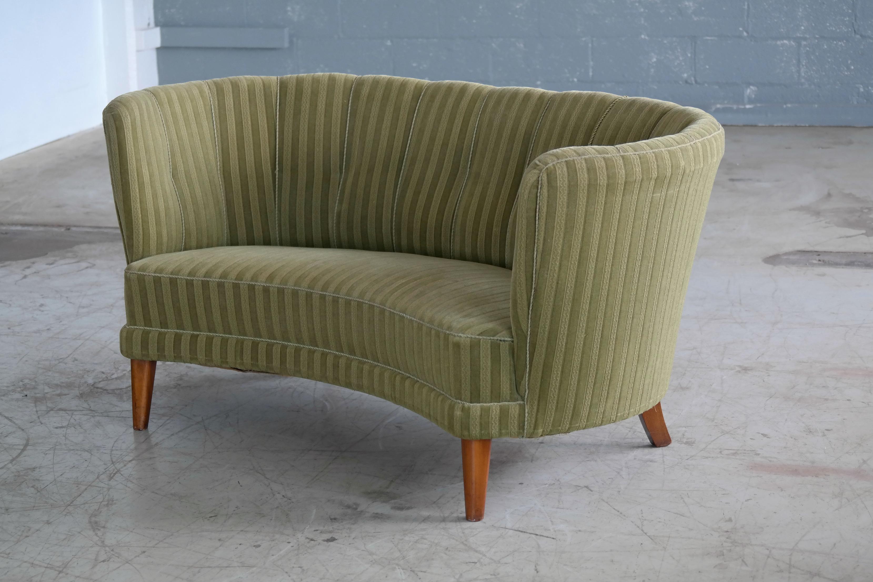 Danish Midcentury Curved or Banana Form Sofa or Loveseat in Beech and Mohair 5