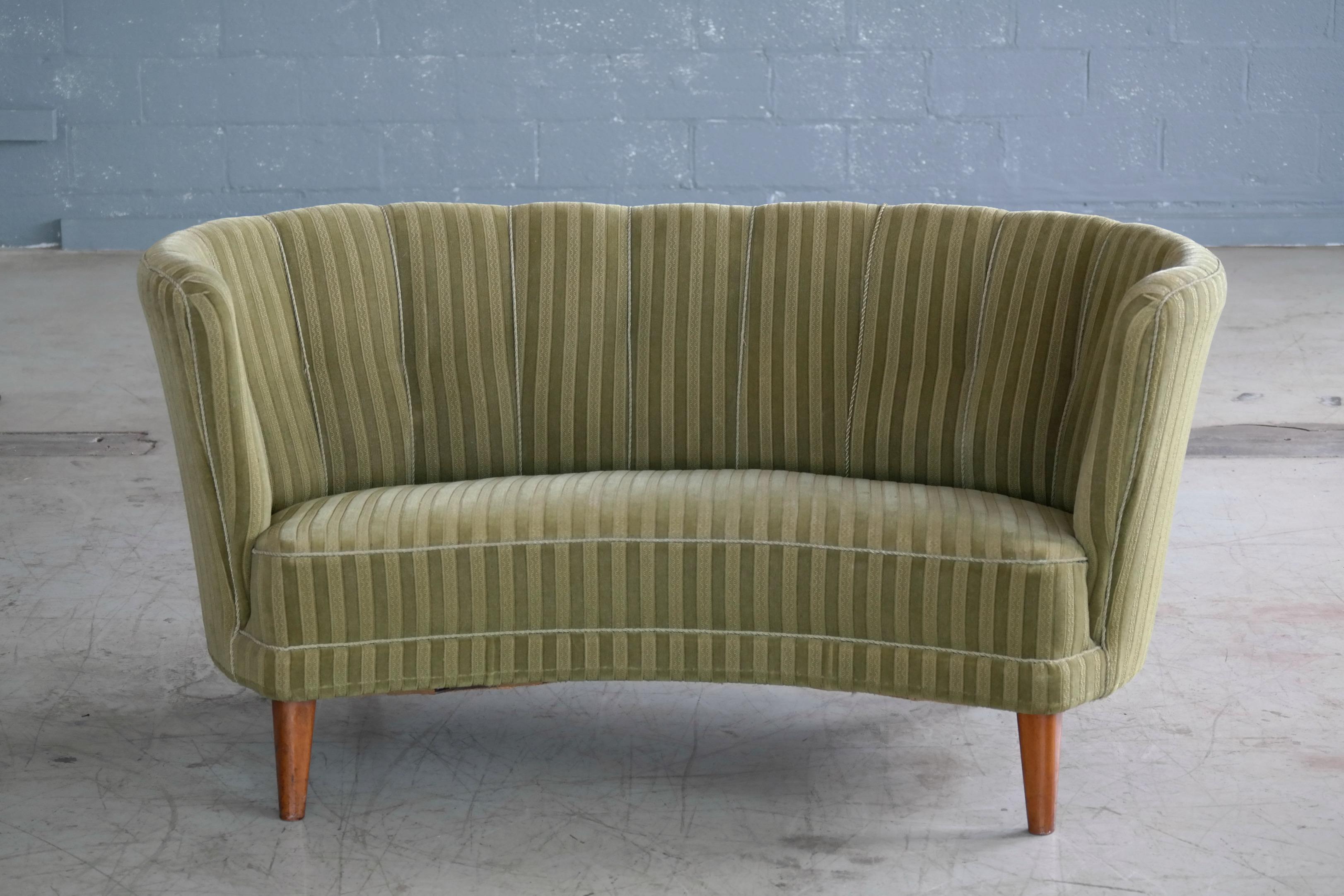 Scandinavian Modern Danish Midcentury Curved or Banana Form Sofa or Loveseat in Beech and Mohair