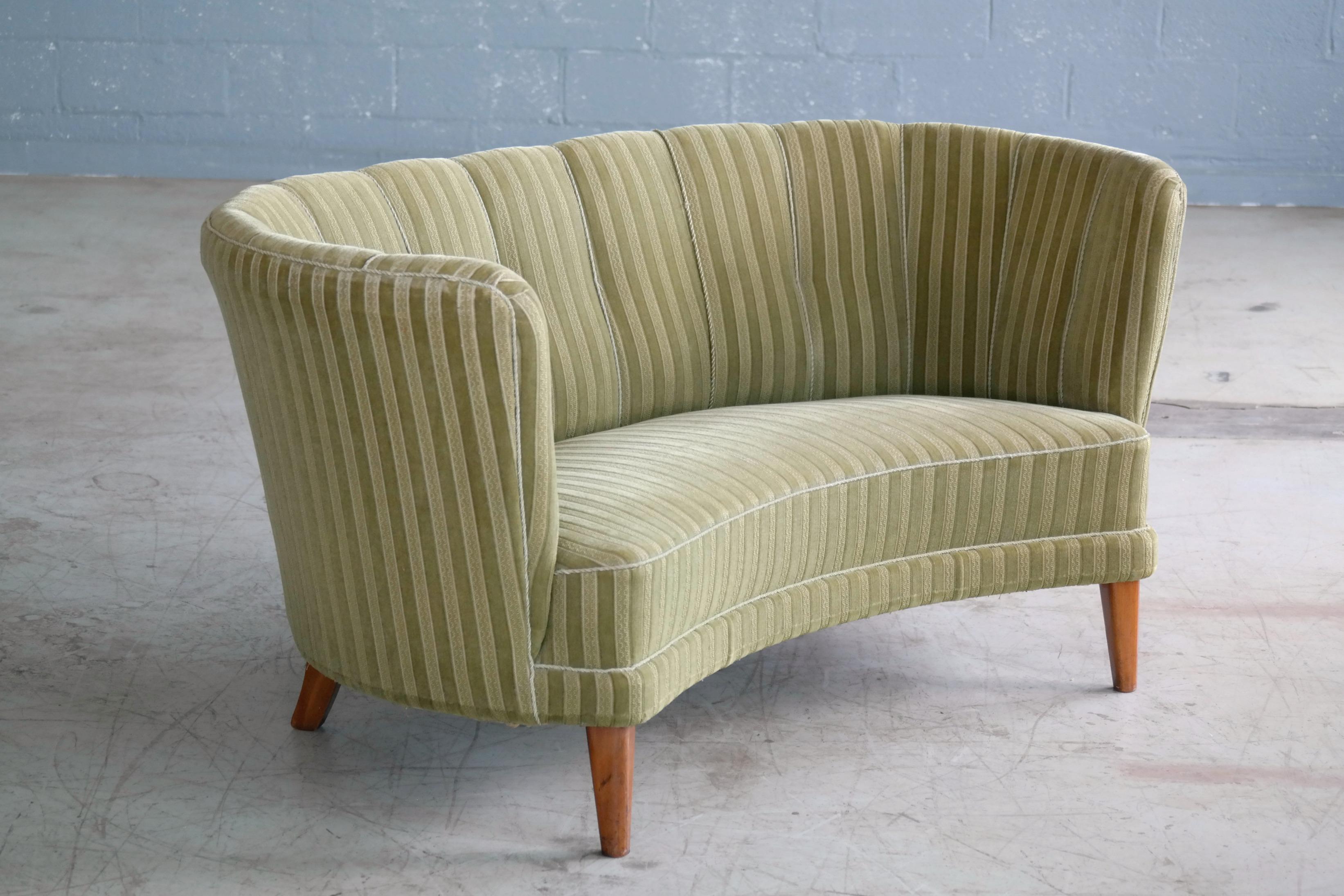 Danish Midcentury Curved or Banana Form Sofa or Loveseat in Beech and Mohair 1