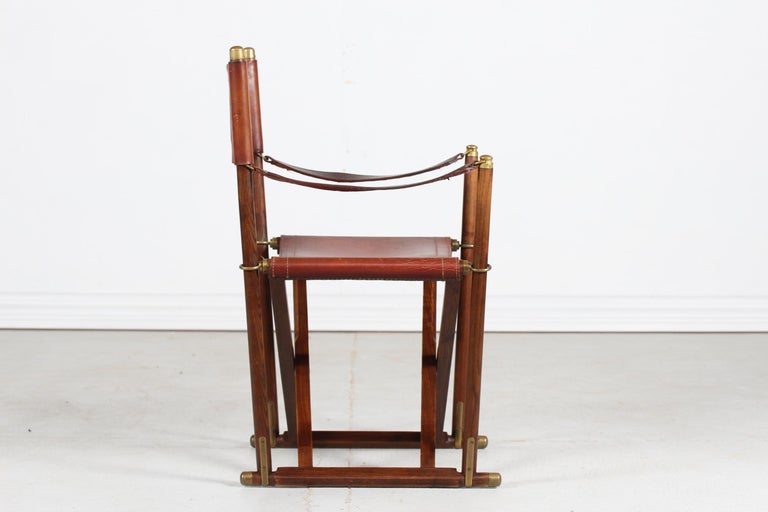 Mid-Century Modern Danish Midcentury Directors Safari Chair of Elm Wood, Core Leather, Brass, 1960s For Sale