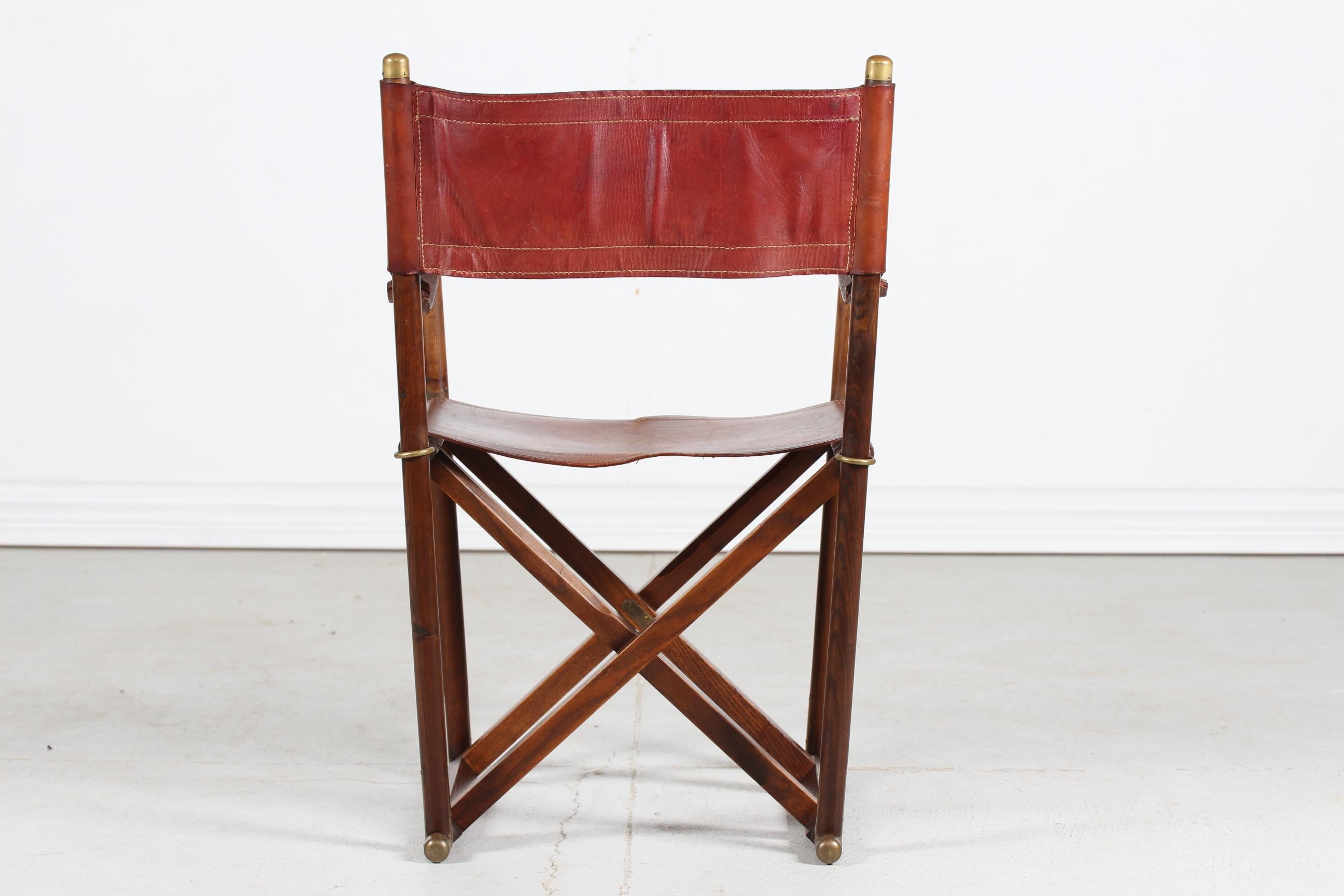 Mid-Century Modern Danish Midcentury Directors Safari Chair of Elm Wood, Core Leather, Brass, 1960s