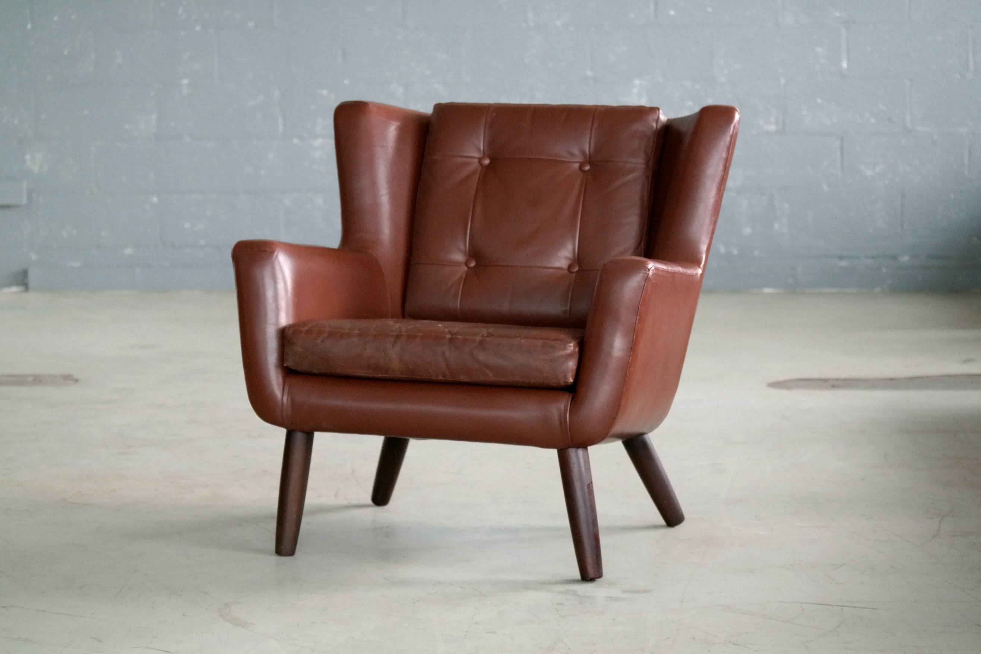 Danish Midcentury Easy Chair in Leather and Teak by Skjold Sørensen In Good Condition In Bridgeport, CT