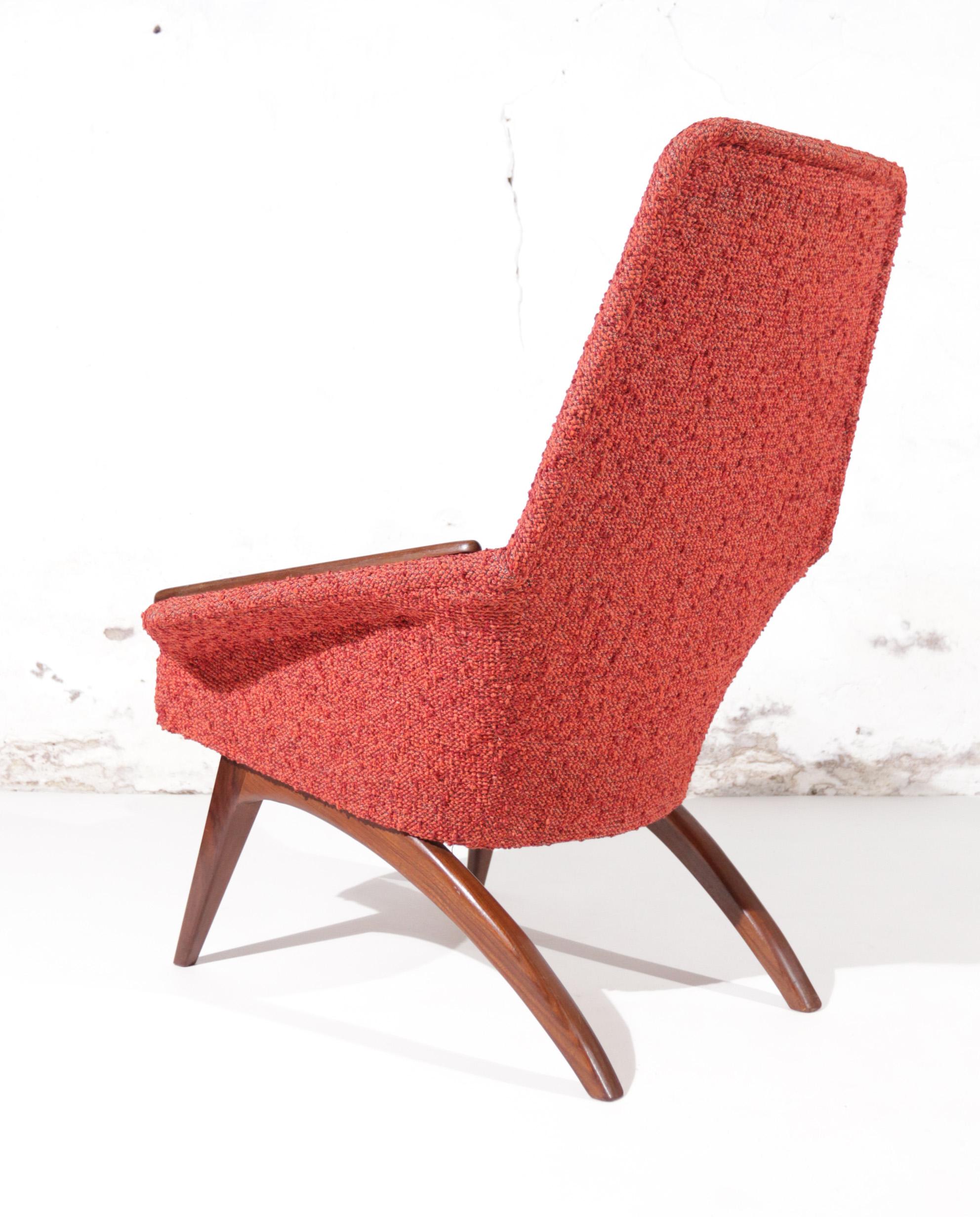 Danish Mid-Century Easy Chair Teak Red Boucle Wool, 1950's 7