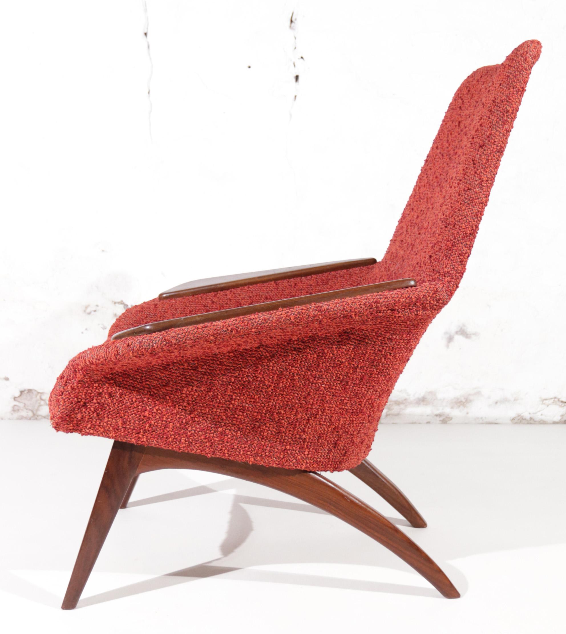 Danish Mid-Century Easy Chair Teak Red Boucle Wool, 1950's 8