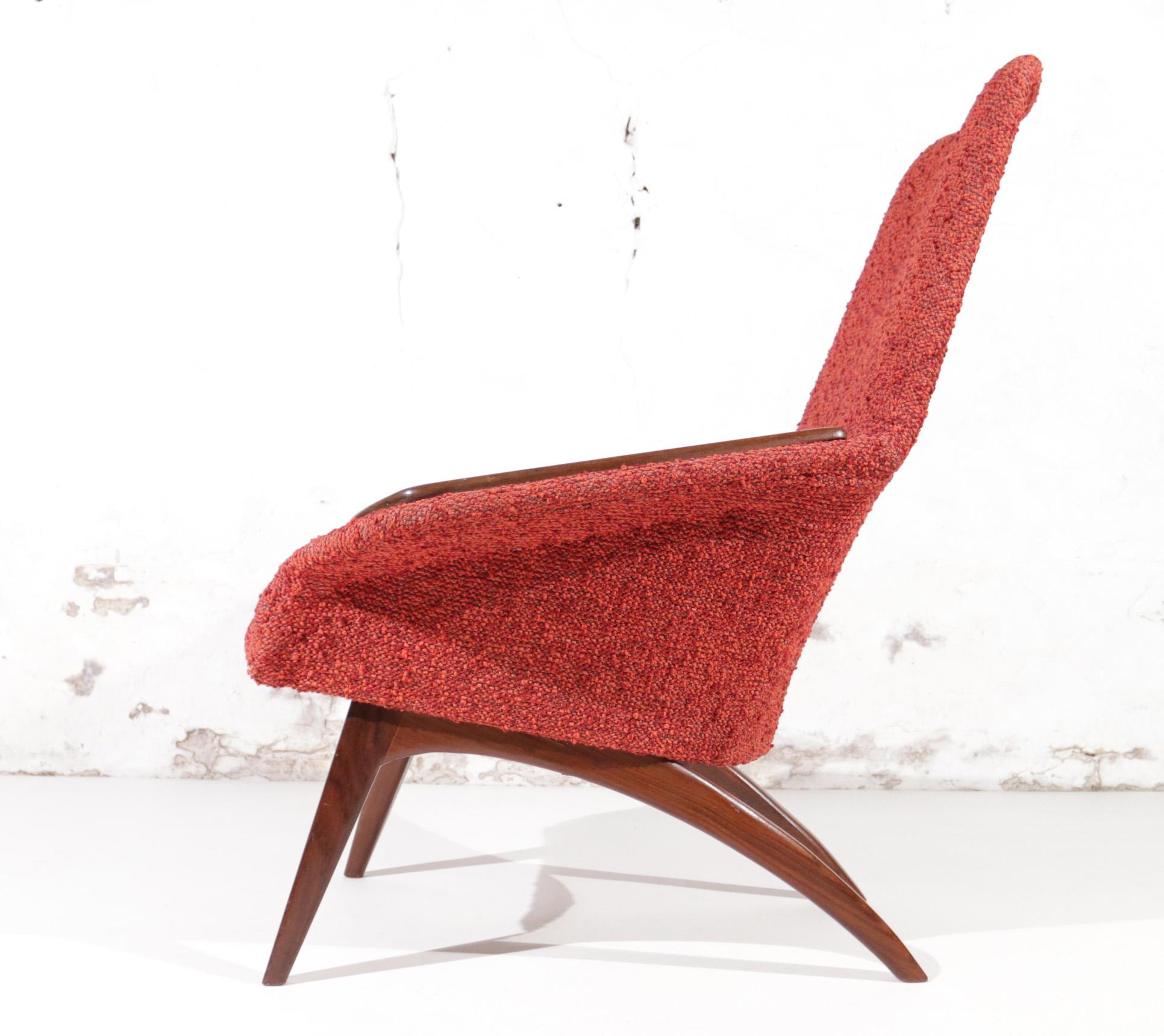 Danish Mid-Century Easy Chair Teak Red Boucle Wool, 1950's 9