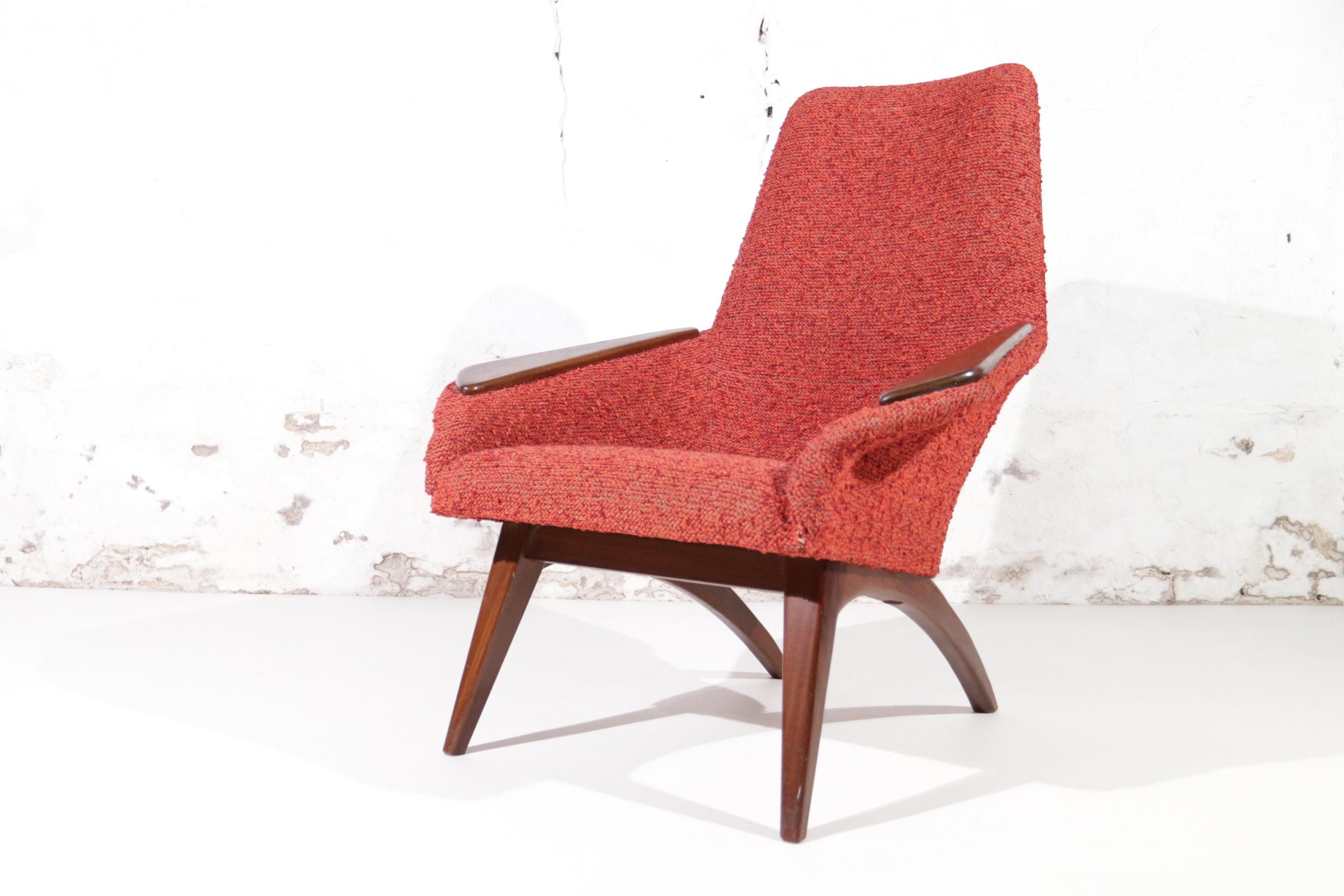 Danish Mid-Century Easy Chair Teak Red Boucle Wool, 1950's 10