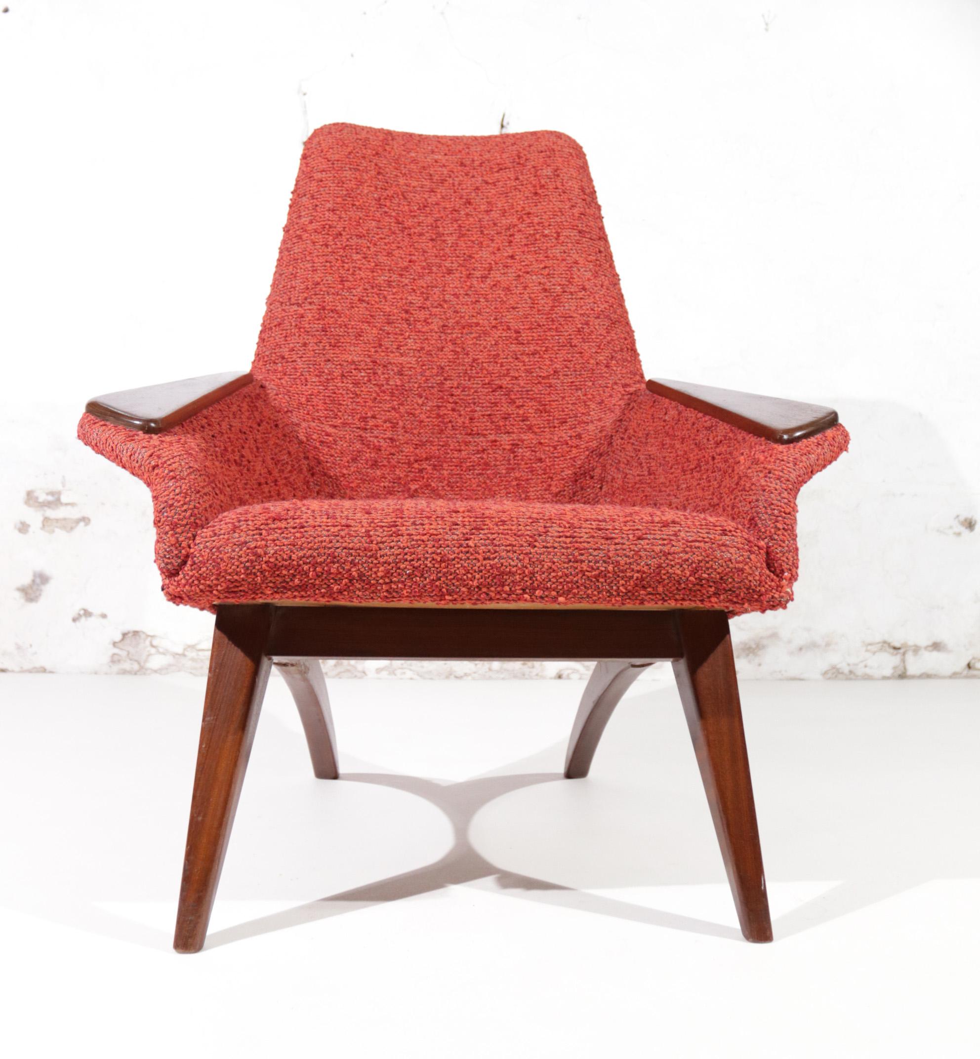 Danish Mid-Century Easy Chair Teak Red Boucle Wool, 1950's 11