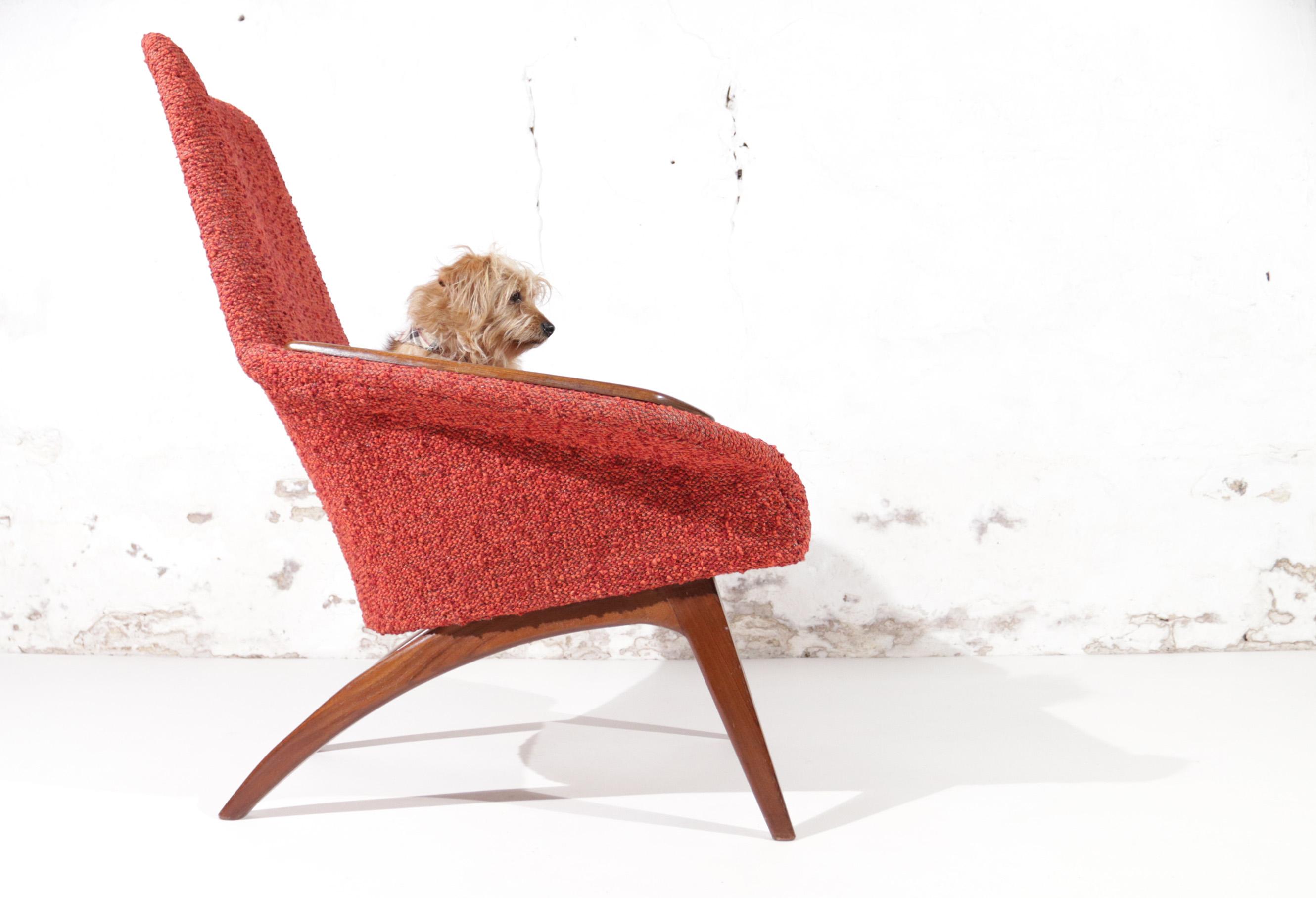Bouclé Danish Mid-Century Easy Chair Teak Red Boucle Wool, 1950's