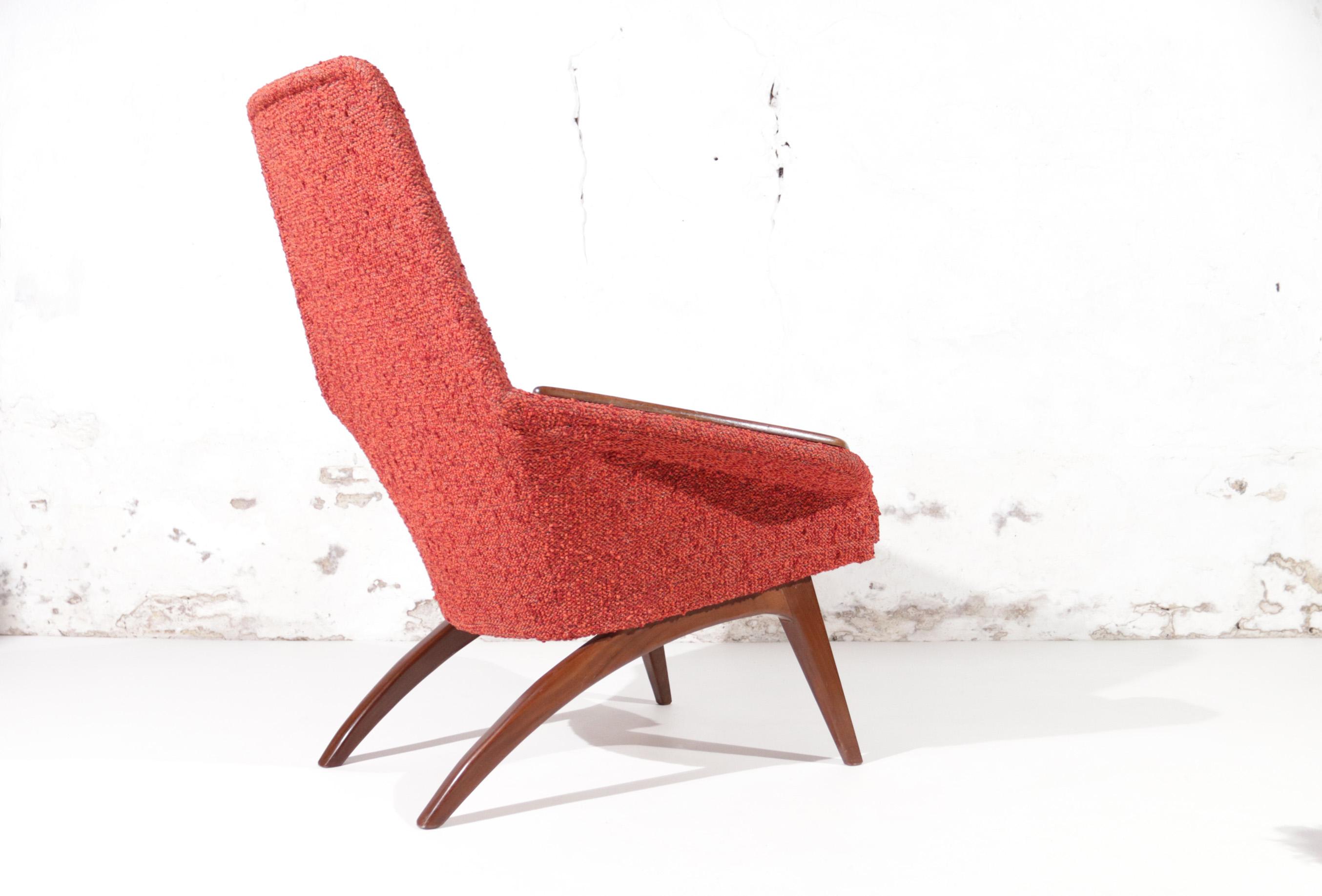 Danish Mid-Century Easy Chair Teak Red Boucle Wool, 1950's 2