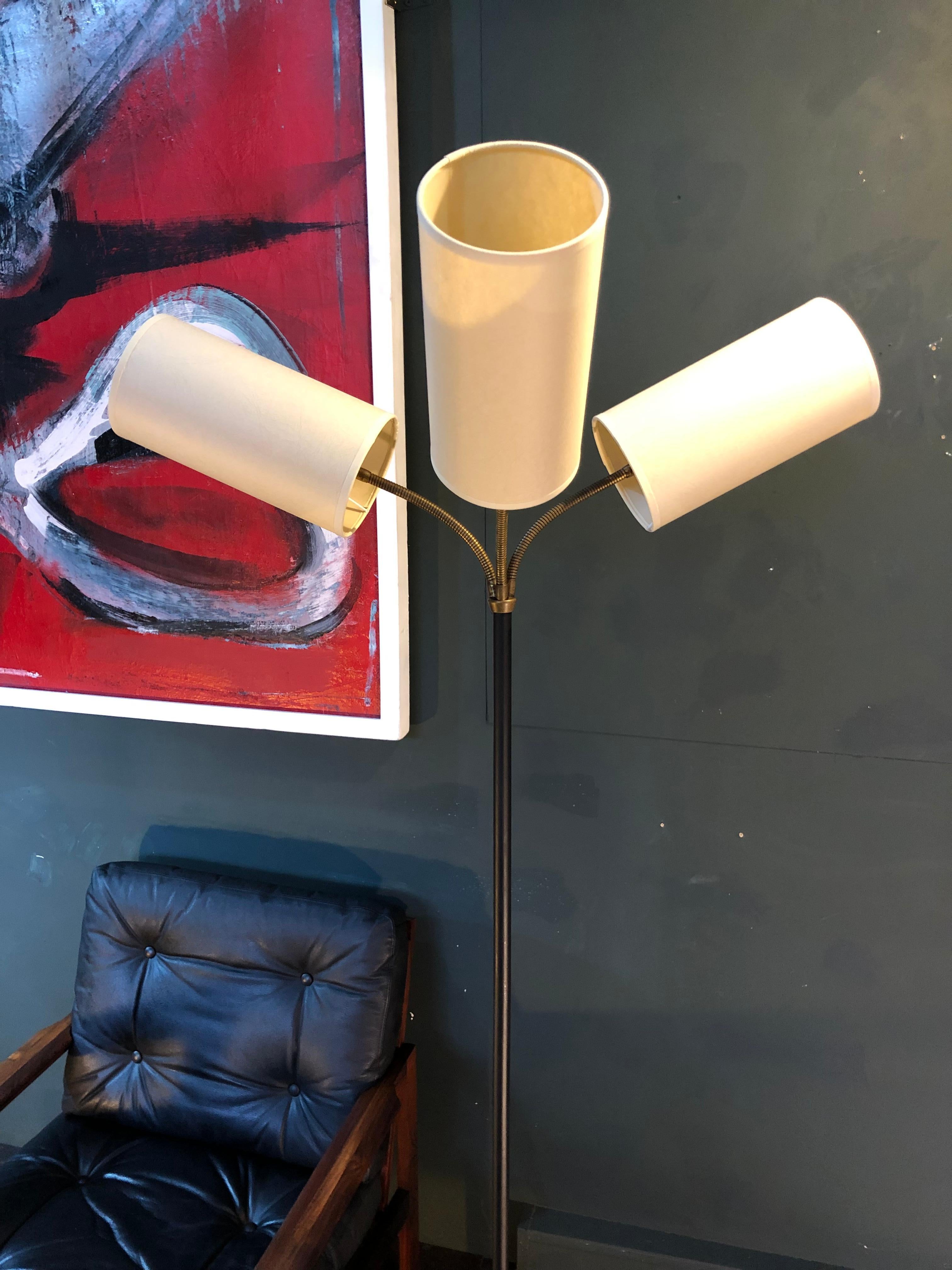 Danish Midcentury Floor Lamp, 3 Adjustable Heads, New Shades 2