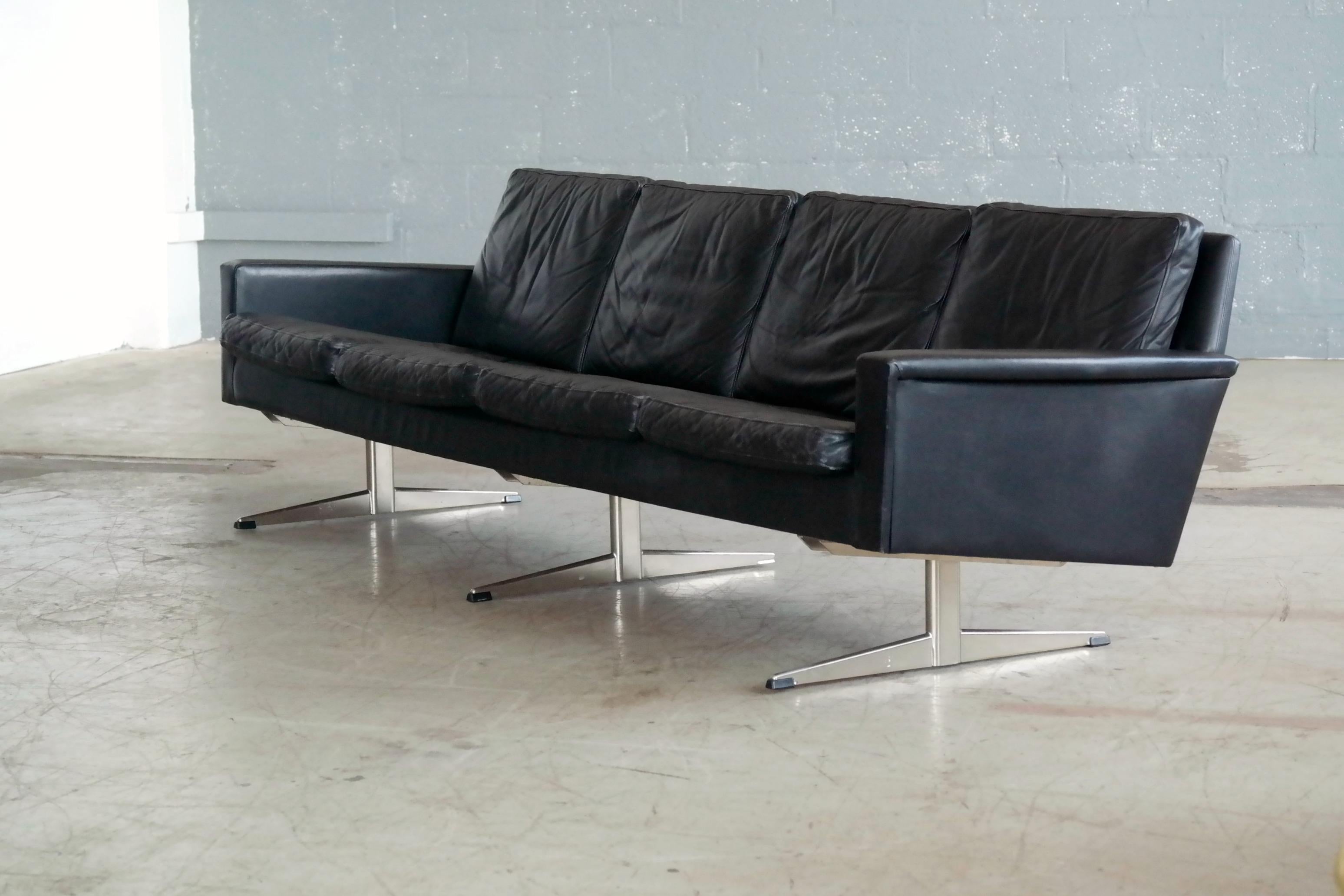 Mid-Century Modern Danish Midcentury Four-Seat Hans Wegner Style Airport Sofa in Black Leather