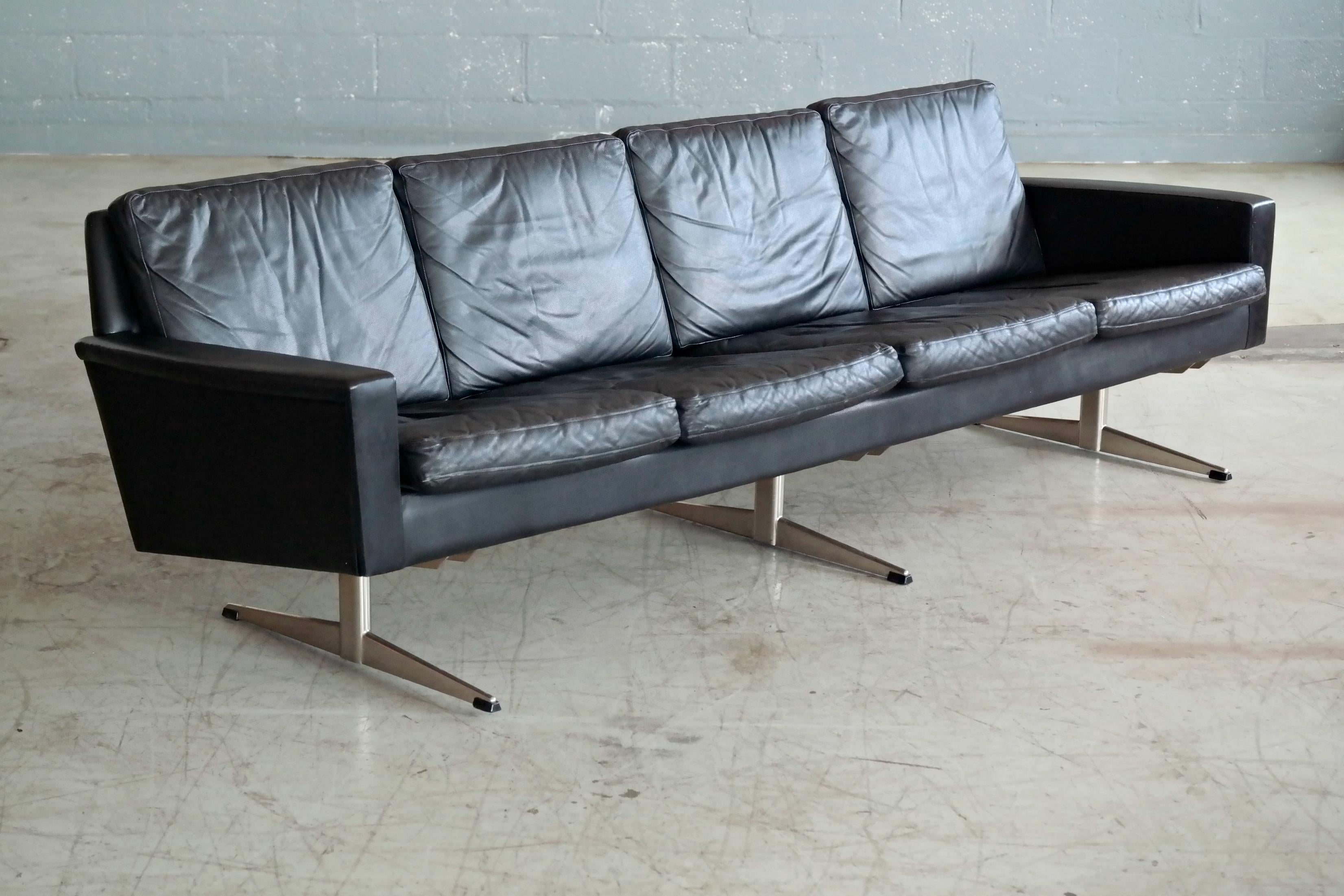 Mid-20th Century Danish Midcentury Four-Seat Hans Wegner Style Airport Sofa in Black Leather