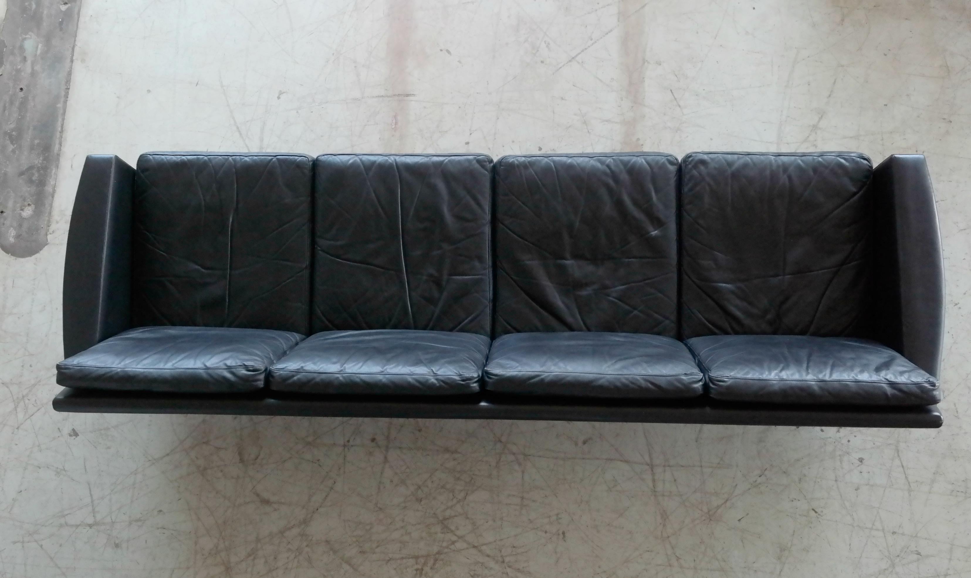 Danish Midcentury Four-Seat Hans Wegner Style Airport Sofa in Black Leather 2
