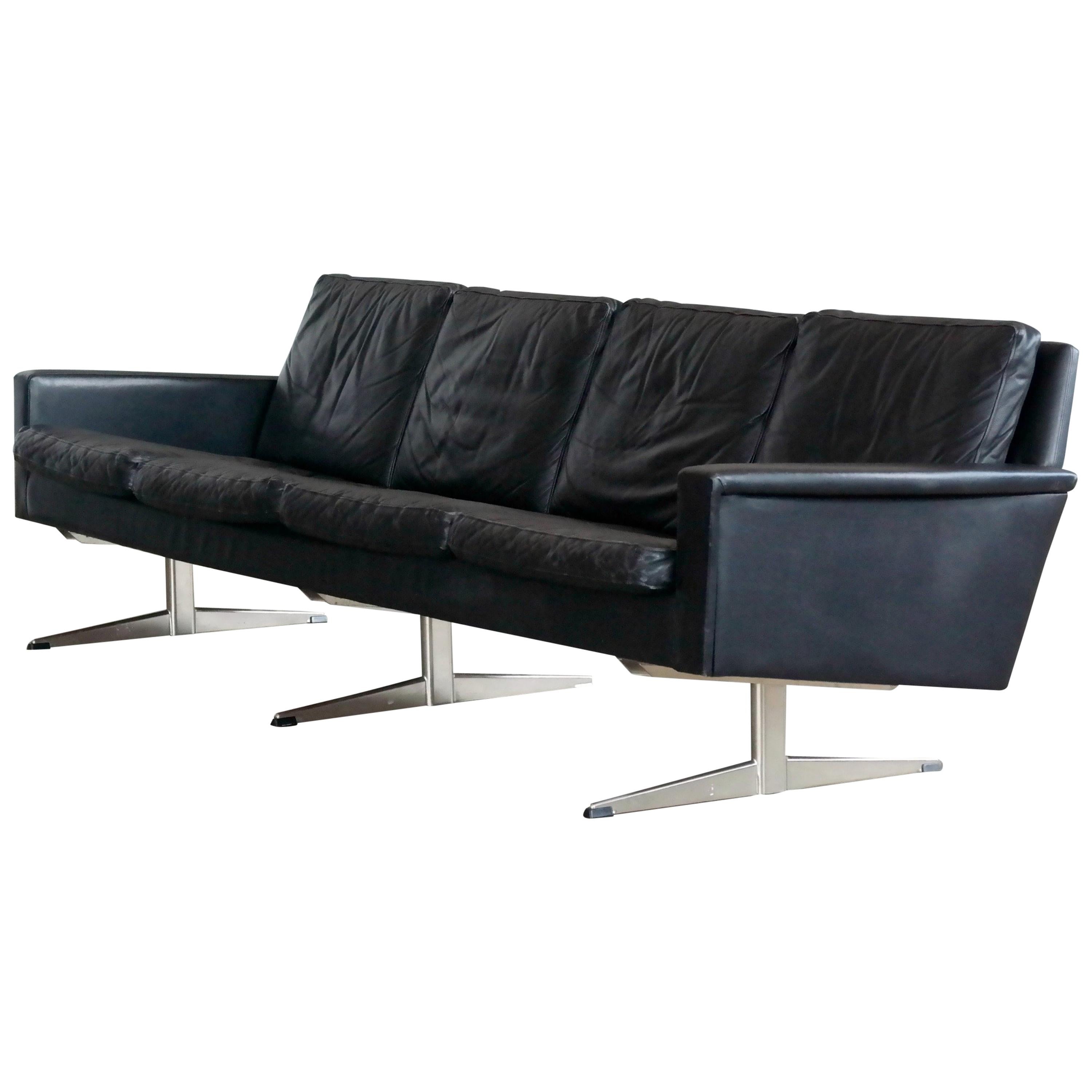 Danish Midcentury Four-Seat Hans Wegner Style Airport Sofa in Black Leather  at 1stDibs