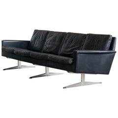 Danish Midcentury Four-Seat Hans Wegner Style Airport Sofa in Black Leather