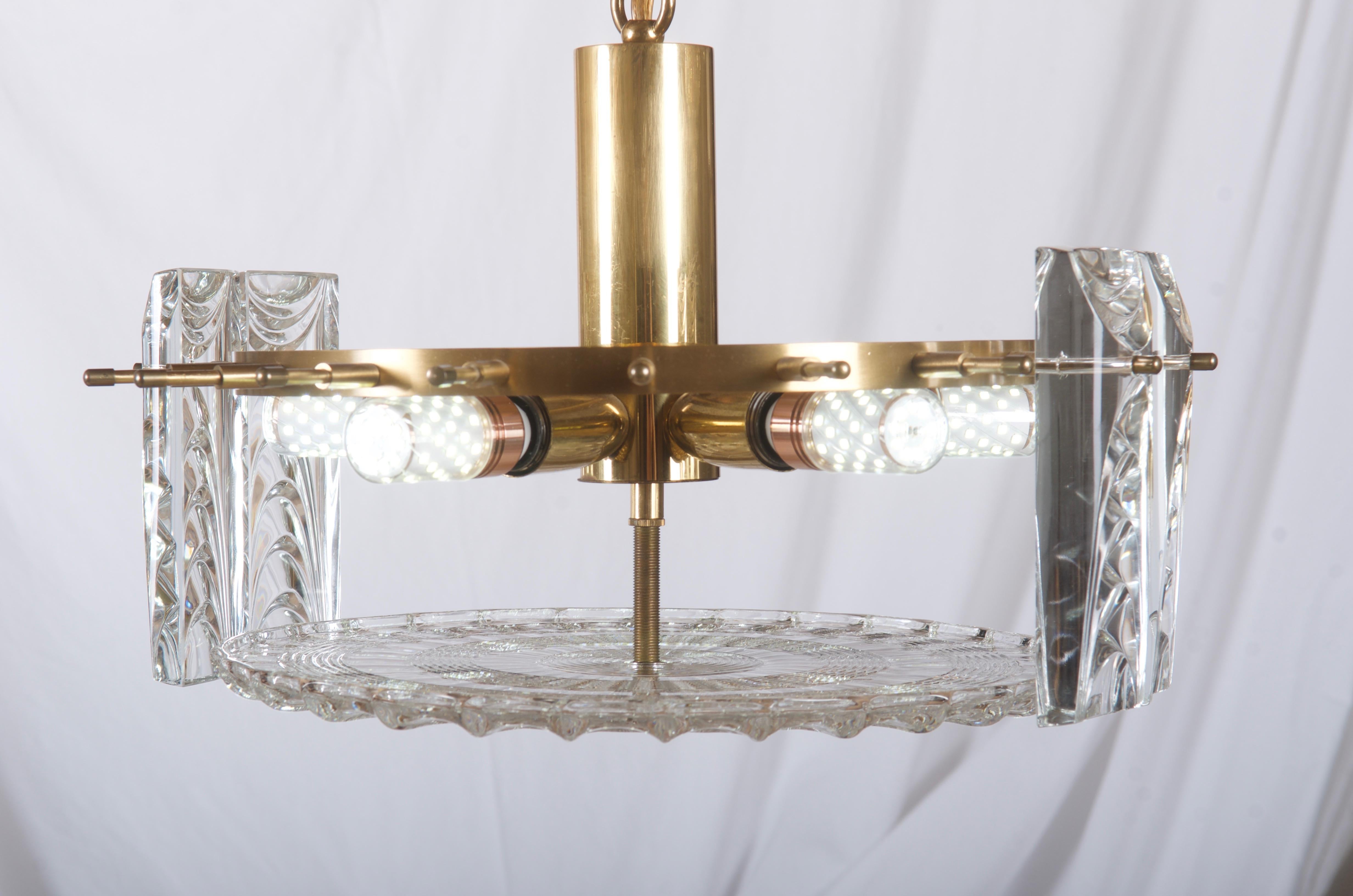 Danish Midcentury Glass, Brass Chandelier by Vitrika For Sale 7