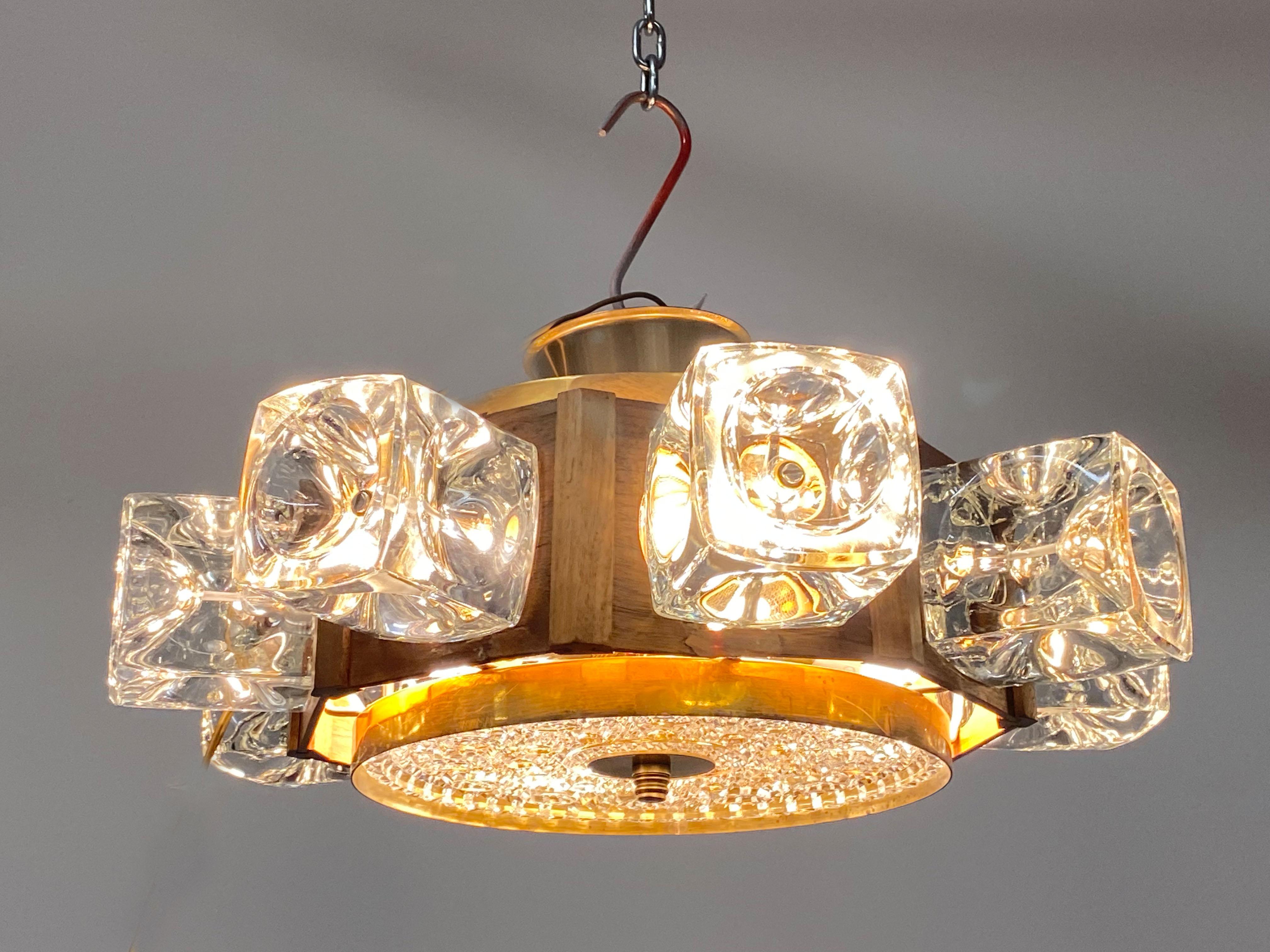 Danish Midcentury Glass, Brass Chandelier by Vitrika For Sale 8