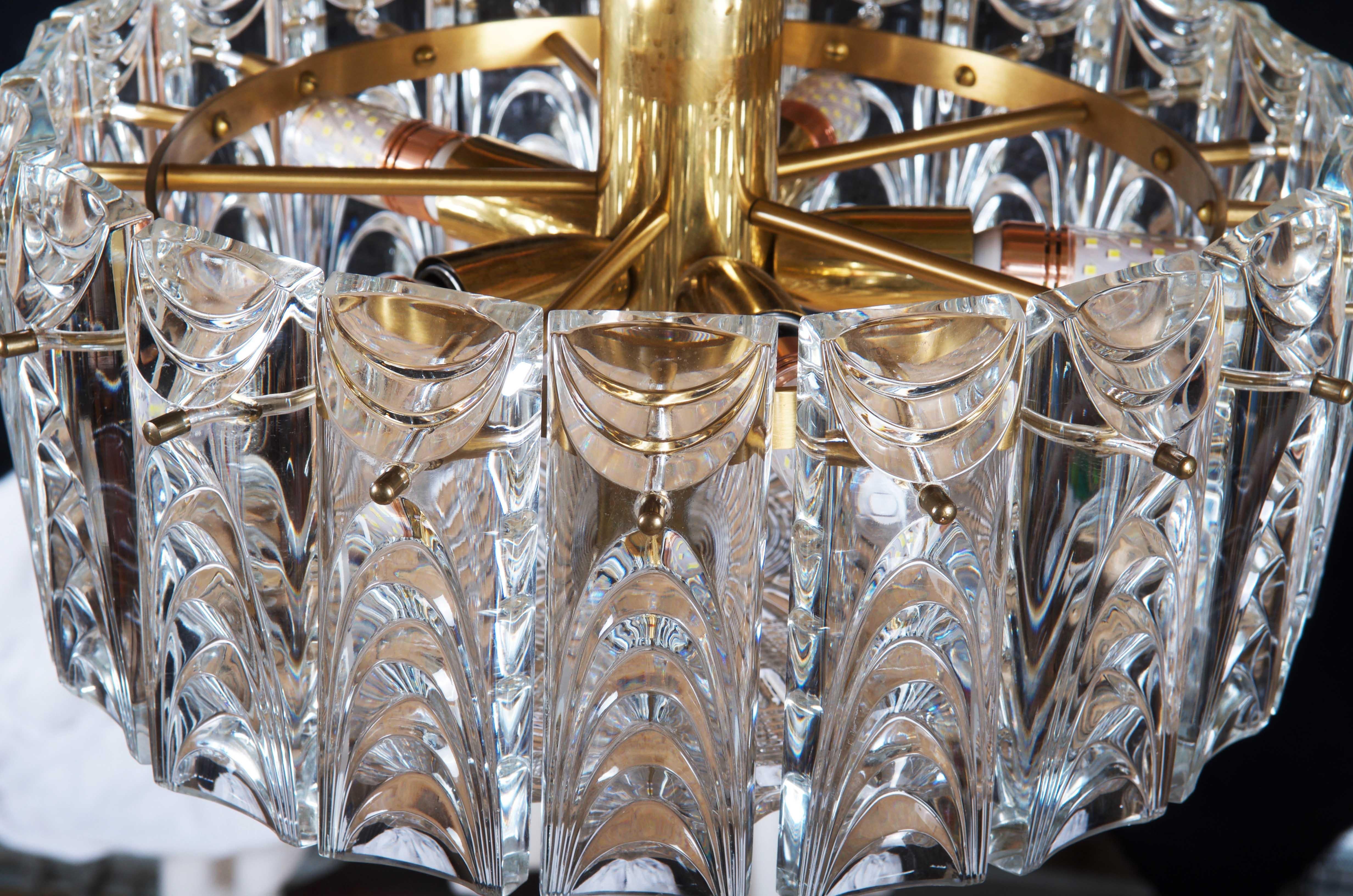 Scandinavian Modern Danish Midcentury Glass, Brass Chandelier by Vitrika For Sale