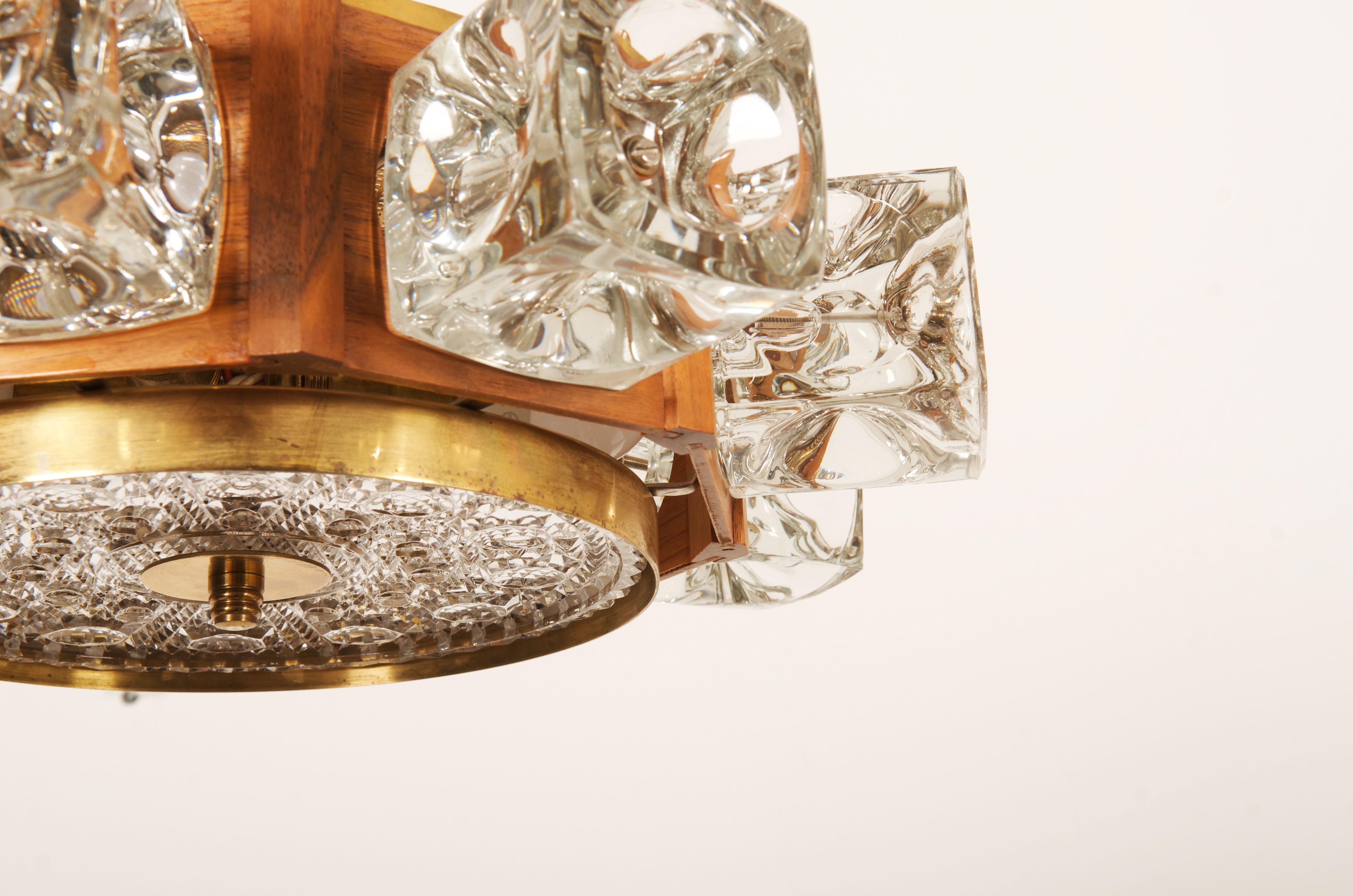 Mid-20th Century Danish Midcentury Glass, Brass Chandelier by Vitrika For Sale