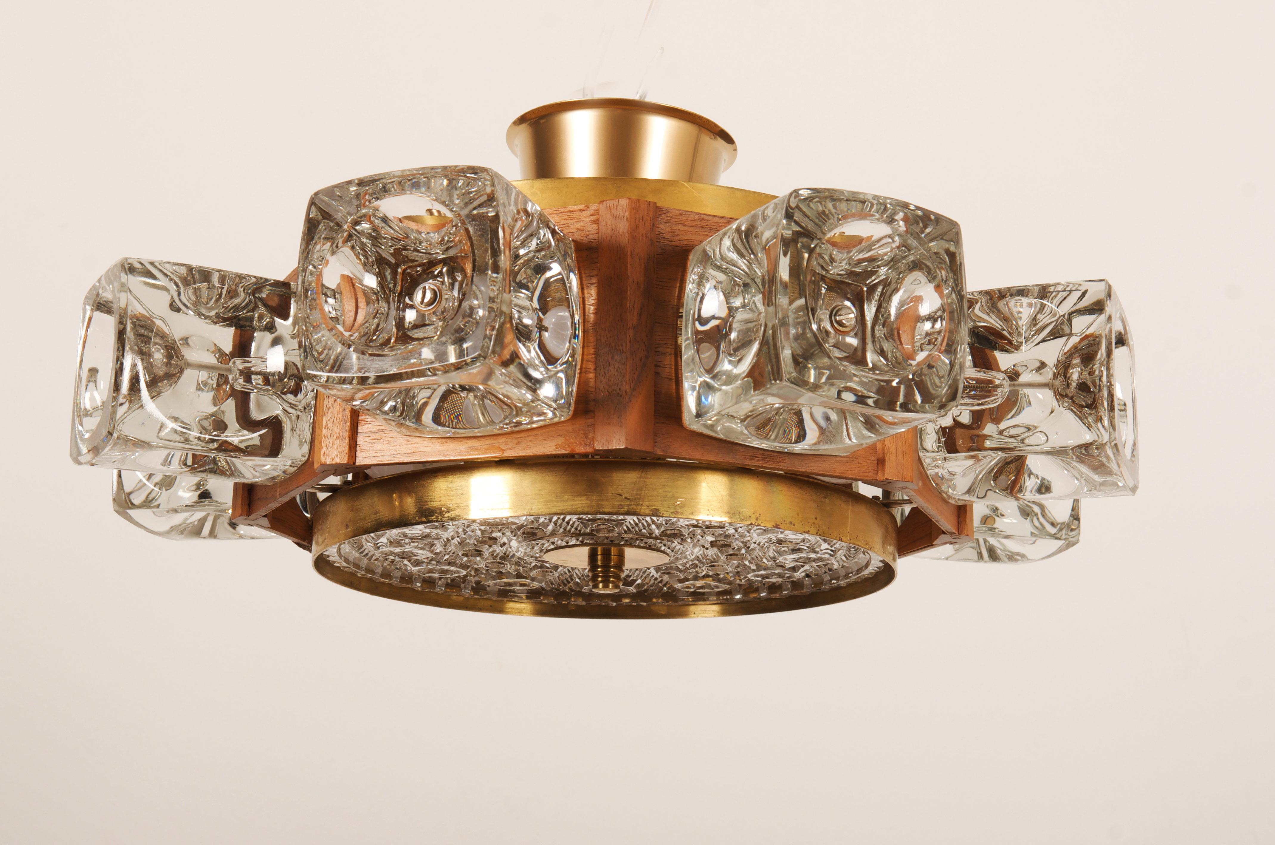 Danish Midcentury Glass, Brass Chandelier by Vitrika For Sale 1
